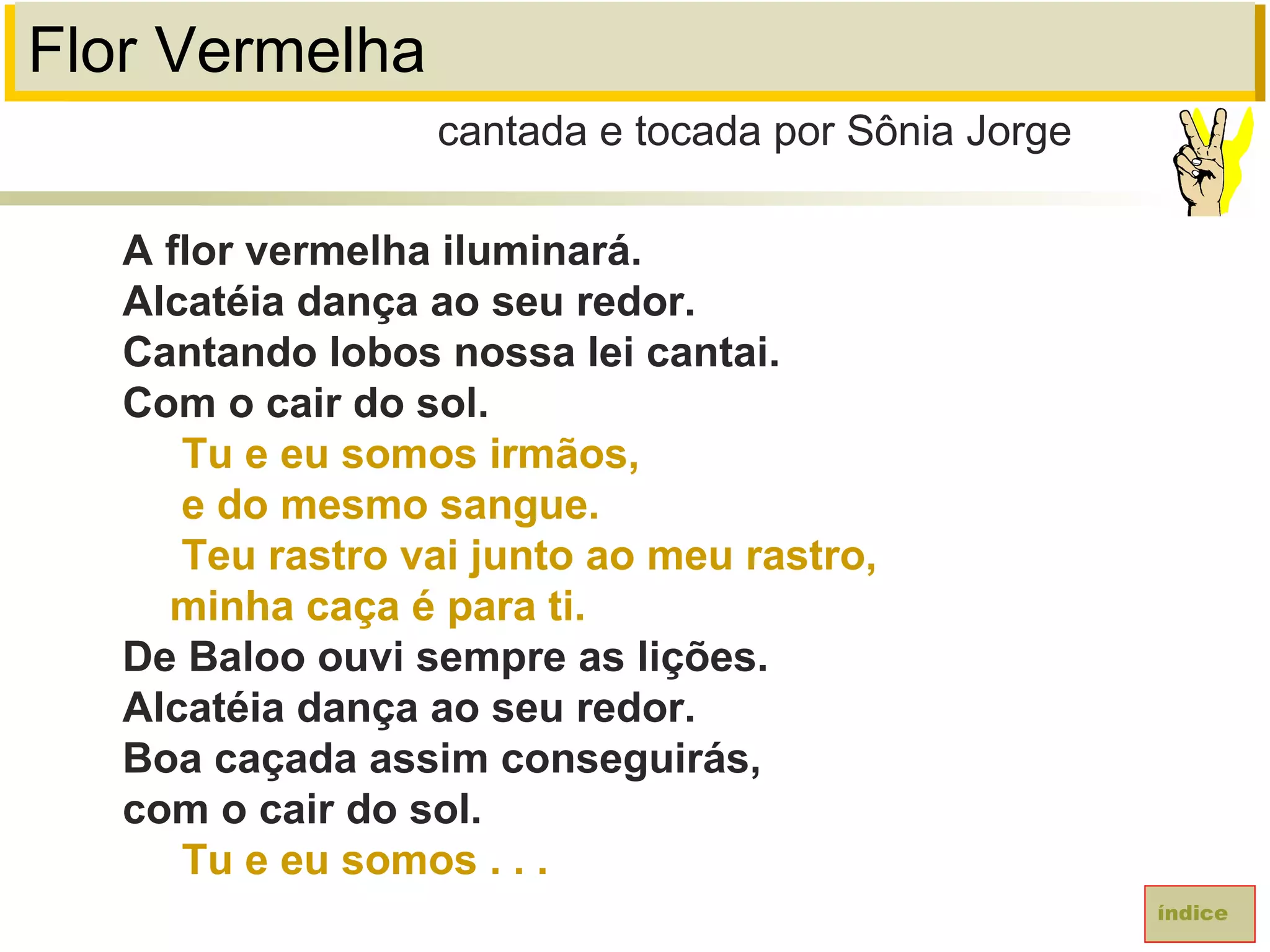 Flor Vermelha
A flor vermelha iluminará.
Alcatéia dança ao seu redor.
Cantando lobos nossa lei cantai.
Com o cair do sol.
Tu e eu somos irmãos,
e do mesmo sangue.
Teu rastro vai junto ao meu rastro,
minha caça é para ti.
De Baloo ouvi sempre as lições.
Alcatéia dança ao seu redor.
Boa caçada assim conseguirás,
com o cair do sol.
Tu e eu somos . . .
cantada e tocada por Sônia Jorge
índice
 