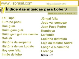 Índice das músicas para Lobo 3
www.lisbrasil.com 100 canções com MP3
Jângal feliz
Jogo vai começar
Juan Paco Pedro
Kumbaya
La famile
Lobinho distraído
Loja do mestre André
Longo é o caminho
Lorença
Mais um
Foi Tupã
Furo no pneu
Gué gum
Guim gam guli
Guim gam guli me camino
Guli ali
História da serpente
História de um Lobato
Hoy que feliz
Irmão de lobo
Índice: A –C, C – F, G – M, N – R, R – Z.
 