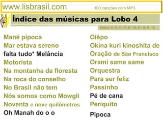 Índice das músicas para Lobo 4
www.lisbrasil.com 100 canções com MP3
Oiêpo
Okina kuri kinoshita de
Oração de São Francisco
Orami same same
Orquestra
Para ser feliz
Passinho
Pé de cana
Periquito
Pipoca
Mané pipoca
Mar estava sereno
falta tudo* Melância
Motorista
Na montanha da floresta
Na roca do conselho
No Brasil não tem
Nós somos como Mowgli
Noventa e nove quilômetros
Oh Manah do o o
Índice: A –C, C – F, G – M, N – R, R – Z.
 