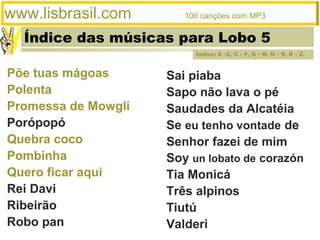 Índice das músicas para Lobo 5
www.lisbrasil.com 100 canções com MP3
Sai piaba
Sapo não lava o pé
Saudades da Alcatéia
Se eu tenho vontade de
Senhor fazei de mim
Soy un lobato de corazón
Tia Monicá
Três alpinos
Tiutú
Valderi
Põe tuas mágoas
Polenta
Promessa de Mowgli
Porópopó
Quebra coco
Pombinha
Quero ficar aqui
Rei Davi
Ribeirão
Robo pan
Índice: A –C, C – F, G – M, N – R, R – Z.
 