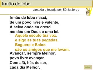 Irmão de lobo
Irmão de lobo nasci,
de um povo livre e valente.
A selva onde eu cresci,
me deu um Deus e uma lei.
Aquelá escuto tua voz,
e sigo as tuas pegadas.
Baguera e Baloo
são os amigos que me levam.
Avançar, sempre Melhor,
povo livre avançar.
Com afã, hás de ser,
cada dia Melhor.
cantada e tocada por Sônia Jorge
índice
 
