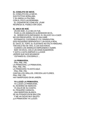 EL CONEJITO DE NIEVE.
EL CONEJITO EN LA NIEVE,
SUS PATITAS SEÑALABA,
Y SU AMIGA LA PALOMA,
CON EL PICO LAS BORRABA.
EL CAZADOR DE CONEJOS, ¡PUM!
REGRESA AL PUEBLO SIN CAZA.
EL ARCA DE NOÉ.
UN DÍA NOÉ, A LA SELVA FUE,
PUSO A LOS ANIMALES ALREDEDOR DE ÉL.
EL SEÑOR ESTÁ ENFADADO, EL DILUVIO VA A CAER
NO OS PREOCUPÉIS, YO OS SALVARÉ.
ESTANDO EL COCODRILO Y EL ORANGUTÁN,
DOS PEQUEÑAS SERPIENTES Y UN ÁGUILA REAL
EL GATO, EL TOPO, EL ELEFANTE NO FALTA NINGUNO,
TAN SÓLO NO SE VEN, A LOS DOS KIKOS.
CUANDO LOS ANIMALES EMPEZABAN A SUBIR.
NOÉ VIO EN EL CIELO UN GRAN NUBARRÓN
Y GOTA A GOTA EMPEZÓ A LLOVER
¡SEÑOR QUE NOS MOJAMOS!
ESTANDO EL COCODRILO ...
LA PRIMAVERA.
PRA, PRE, PRI,
LA PRIMAVERA, LA PRIMAVERA,
PRA, PRE, PRI,
LA PRIMAVERA YA ESTÁ AQUÍ.
PRA, PRE, PRI,
CANTAN LOS GRILLOS, CRECEN LAS FLORES,
PRA, PRE, PRI,
HAY MARIPOSAS EN MI JARDÍN.
YA LLEGÓ LA PRIMAVERA.
YA LLEGÓ LA PRIMAVERA,
EL INVIERNO SE MARCHÓ.
YA SALIÓ DE SU CASITA,
EL PEQUEÑO CARACOL.
UNA MARIPOSA BLANCA,
SE HA POSADO EN MI BALCÓN.
Y ME HA DICHO MUY BAJITO
¡LA PRIMAVERA YA LLEGÓ!.

 