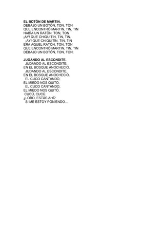 EL BOTÓN DE MARTIN.
DEBAJO UN BOTÓN, TON, TON
QUE ENCONTRÓ MARTIN, TIN, TIN
HABÍA UN RATÓN, TON, TON
¡AY! QUE CHIQUITÍN, TIN, TIN.
¡AY! QUE CHIQUITÍN, TIN, TIN
ERA AQUEL RATÓN, TON, TON
QUE ENCONTRÓ MARTIN, TIN, TIN
DEBAJO UN BOTÓN, TON, TON.
JUGANDO AL ESCONDITE.
JUDANDO AL ESCONDITE,
EN EL BOSQUE ANOCHECIÓ.
JUDANDO AL ESCONDITE,
EN EL BOSQUE ANOCHECIÓ.
EL CUCO CANTANDO,
EL MIEDO NOS QUITÓ.
EL CUCO CANTANDO,
EL MIEDO NOS QUITÓ.
CUCÚ, CUCÚ.
¿LOBO, ESTÁS AHÍ?
SI ME ESTOY PONIENDO…

 
