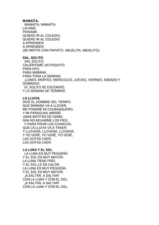 MAMAÍTA.
MAMAÍTA, MAMAÍTA
LAVAME,
PEINAME,
QUIERO IR AL COLEGIO,
QUIERO IR AL COLEGIO
A APRENDER,
A APRENDER.
(SE REPITE CON PAPAÍTO, ABUELITA, ABUELITO).
SAL, SOLITO.
SAL SOLITO,
CALIÉNTAME UN POQUITO,
PARA HOY,
PARA MAÑANA,
PARA TODA LA SEMANA.
¡LUNES, MARTES, MIÉRCOLES, JUEVES, VIERNES, SÁBADO Y
DOMINGO!.
EL SOLITO SE ESCONDIÓ,
Y LA SEMANA SE TERMINÓ.
LA LLUVIA.
DICE EL HOMBRE DEL TIEMPO,
QUE MAÑANA VA A LLOVER,
ME PONDRÉ MI CHUBASQUERO,
Y MI PARAGUAS ABRIRÉ.
UNAS BOTITAS DE GOMA,
ARA NO MOJARME LOS PIES,
Y PARA PISAR LOS CHARCOS,
QUE LA LLUVIA VA A TRAER.
Y LLOVERÁ, LLOVERÁ, LLOVERÁ,
Y YO VERÉ, YO VERÉ, YO VERÉ,
LAS GOTAS CAER,
LAS GOTAS CAER.
LA LUNA Y EL SOL.
LA LUNA ES MUY PEQUEÑA
Y EL SOL ES MUY MAYOR,
LA LUNA TIENE FRÍO,
Y EL SOL LE DA CALOR,
LA LUNA ES MUY PEQUEÑA,
Y EL SOL ES MUY MAYOR,
¡A SALTAR, A SALTAR!
CON LA LUNA Y CON EL SOL,
¡A SALTAR, A SALTAR!
CON LA LUNA Y CON EL SOL.

 