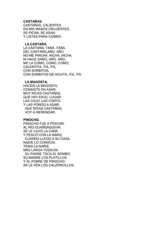 CASTAÑAS.
CASTAÑAS, CALIENTES,
EN MIS MANOS CRUJIENTES,
SE PICAN, SE ASAN,
Y LISTAS PARA COMER.
LA CASTAÑA.
LA CASTAÑA, TAÑA ,TAÑA,
DEL CASTAÑO,AÑO, AÑO,
NO ME PINCHA, INCHA, INCHA,
NI HACE DAÑO, AÑO, AÑO,
ME LA COMO, COMO, COMO,
CALENTITA, ITA, ITA,
CON SORBITOS,
CON SORBITOS DE AGUITA, ITA, ITA.
LA MAGOSTA.
HACER LA MAGOSTA,
CONSISTE EN ASAR,
MUY RICAS CASTAÑAS,
QUE HAY EN EL LUGAR.
LAS COJO, LAS CORTO
Y LAS PONGO A ASAR,
QUE RICAS CASTAÑAS,
VOY A MERENDAR.
PINOCHO.
PINOCHO FUE A PESCAR,
AL RÍO GUAÑDAQUIVIR,
SE LE CAYÓ LA CAÑA
Y PESCÓ CON LA NARIZ.
CUANDO LLEGO A SU CASA,
NADIE LO CONOCÍA,
TENÍA LA NARIZ,
MÁS LARGA TODAVÍA.
SU PADRE TOCA EL BOMBO,
SU MADRE LOS PLATILLOS,
Y AL POBRE DE PINOCHO,
SE LE VEN LOS CALZONCILLOS.

 