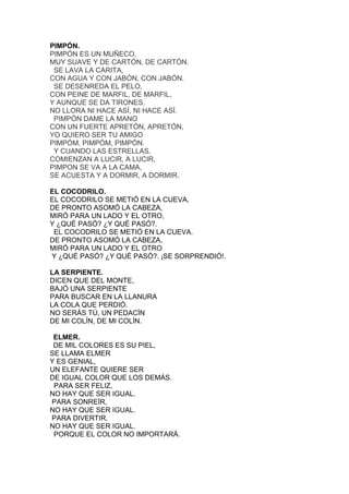 PIMPÓN.
PIMPÓN ES UN MUÑECO,
MUY SUAVE Y DE CARTÓN, DE CARTÓN.
SE LAVA LA CARITA,
CON AGUA Y CON JABÓN, CON JABÓN.
SE DESENREDA EL PELO,
CON PEINE DE MARFIL, DE MARFIL,
Y AUNQUE SE DA TIRONES,
NO LLORA NI HACE ASÍ, NI HACE ASÍ.
PIMPÓN DAME LA MANO
CON UN FUERTE APRETÓN, APRETÓN,
YO QUIERO SER TU AMIGO
PIMPÓM, PIMPÓM, PIMPÓN.
Y CUANDO LAS ESTRELLAS,
COMIENZAN A LUCIR, A LUCIR,
PIMPON SE VA A LA CAMA,
SE ACUESTA Y A DORMIR, A DORMIR.
EL COCODRILO.
EL COCODRILO SE METIÓ EN LA CUEVA,
DE PRONTO ASOMÓ LA CABEZA,
MIRÓ PARA UN LADO Y EL OTRO,
Y ¿QUÉ PASÓ? ¿Y QUÉ PASÓ?.
EL COCODRILO SE METIÓ EN LA CUEVA.
DE PRONTO ASOMÓ LA CABEZA,
MIRÓ PARA UN LADO Y EL OTRO
Y ¿QUÉ PASÓ? ¿Y QUÉ PASÓ?. ¡SE SORPRENDIÓ!.
LA SERPIENTE.
DICEN QUE DEL MONTE,
BAJÓ UNA SERPIENTE
PARA BUSCAR EN LA LLANURA
LA COLA QUE PERDIÓ.
NO SERÁS TÚ, UN PEDACÍN
DE MI COLÍN, DE MI COLÍN.
ELMER.
DE MIL COLORES ES SU PIEL,
SE LLAMA ELMER
Y ES GENIAL,
UN ELEFANTE QUIERE SER
DE IGUAL COLOR QUE LOS DEMÁS.
PARA SER FELIZ,
NO HAY QUE SER IGUAL.
PARA SONREÍR,
NO HAY QUE SER IGUAL.
PARA DIVERTIR,
NO HAY QUE SER IGUAL.
PORQUE EL COLOR NO IMPORTARÁ.

 