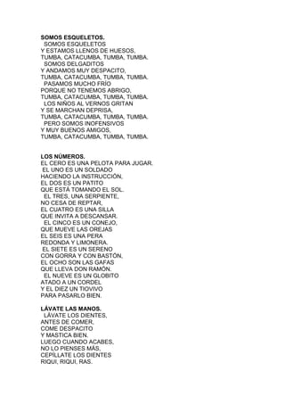 SOMOS ESQUELETOS.
SOMOS ESQUELETOS
Y ESTAMOS LLENOS DE HUESOS,
TUMBA, CATACUMBA, TUMBA, TUMBA.
SOMOS DELGADITOS
Y ANDAMOS MUY DESPACITO,
TUMBA, CATACUMBA, TUMBA, TUMBA.
PASAMOS MUCHO FRÍO
PORQUE NO TENEMOS ABRIGO,
TUMBA, CATACUMBA, TUMBA, TUMBA.
LOS NIÑOS AL VERNOS GRITAN
Y SE MARCHAN DEPRISA,
TUMBA, CATACUMBA, TUMBA, TUMBA.
PERO SOMOS INOFENSIVOS
Y MUY BUENOS AMIGOS,
TUMBA, CATACUMBA, TUMBA, TUMBA.

LOS NÚMEROS.
EL CERO ES UNA PELOTA PARA JUGAR.
EL UNO ES UN SOLDADO
HACIENDO LA INSTRUCCIÓN,
EL DOS ES UN PATITO
QUE ESTÁ TOMANDO EL SOL.
EL TRES, UNA SERPIENTE,
NO CESA DE REPTAR,
EL CUATRO ES UNA SILLA
QUE INVITA A DESCANSAR.
EL CINCO ES UN CONEJO,
QUE MUEVE LAS OREJAS
EL SEIS ES UNA PERA
REDONDA Y LIMONERA.
EL SIETE ES UN SERENO
CON GORRA Y CON BASTÓN,
EL OCHO SON LAS GAFAS
QUE LLEVA DON RAMÓN.
EL NUEVE ES UN GLOBITO
ATADO A UN CORDEL
Y EL DIEZ UN TIOVIVO
PARA PASARLO BIEN.
LÁVATE LAS MANOS.
LÁVATE LOS DIENTES,
ANTES DE COMER,
COME DESPACITO
Y MASTICA BIEN.
LUEGO CUANDO ACABES,
NO LO PIENSES MÁS,
CEPÍLLATE LOS DIENTES
RIQUI, RIQUI, RAS.

 