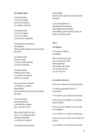La brujita tapita
La brujita tapita
vivía en un tapón
que no tenía puerta,
ni ventana, ni balcón.
La brujita tapita
vivía en un tapón,
con una escobita
y un enorme escobillón.
La brujita hacía brujerías:
abracadabra,
pata de cabra ¡push, pu push, pu push
pu push!
La brujita tapita
quería navegar
y en un corcho redondo
se lanzó al altamar.
La brujita tapita
también quiso volar
y se subió a una flecha
justito en la mitad.

abracadabra,
pata de cabra ¡push, pu push, pu push
pu push!
y con abracadabra no.
la brujita hacía brujerías,
abracadabra pata de cabra,
abracadabra, pata de cabra ¡push, pu
push, pu push pu push!

Otros
Un tallarín
Yo tengo un tallarín,
un tallarín,
Que se mueve por aquí,
que se mueve por allá
todo pegoteado
con un poco de aceite
con un poco de sal
y te lo comes tú.

Los indios del norte
Pero el corcho se hundió
y la flecha se rompió,
abracadabra
pata de cabra ¡push, pu push, pu push
pu push!
Un día la brujita
quiso desaparecer
y mirándose al espejo
dijo: uno, dos y tres!
Mas cuando abrió los ojos
no se vió, ¿saben por qué?
¡Porque despistada
se miraba en la pared!
La brujita hacía brujerías

Somos los indios de la tribu del sillón
Y estamos preparados para la
revolución.
A wa chichi a wa chichi, hau hau hau
Si me como una sardine se me queda
aquí la espina
Si me como un elefante yo me quedo
tan campante
A wa chichi a wa chichi, hau hau hau
Si me tomo una cerveza se me sube a la
cabeza
A wa chichi a wa chichi, hau hau hau
13

 