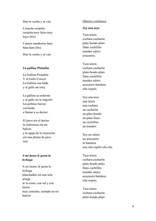 Dan la vuelta y se van

Objetos cotidianos

Cerquita cerquita
cerquita muy lejos muy
lejos (bis)

Soy una taza

Comen zanahorias ñam
ñam ñam (bis)
Dan la vuelta y se van

La gallina Pintadita
La Gallina Pintadita
Y el Gallo Corocó
La Gallina usa falda
y el gallo un reloj
La gallina se enfermó
y al gallo no le importó
los pollitos fueron
corriendo
a llamar a su doctor
El pavo era el doctor
la enfermera era un
halcón
y la aguja de la inyección
era una pluma de pavo
real

A mi mono le gusta la
lechuga
A mi mono, le gusta la
lechuga
planchadita sin una sola
arruga
se la come, con sal y con
limón
muy contento, sentado en mi
balcón

Taza tetera
cuchara cucharón
plato hondo plato
llano cuchillito
tenedor salero
azucarero.
Taza tetera
cuchara cucharón
plato hondo plato
llano cuchillito
tenedor salero
azucarero batidora
olla exprés.
Soy una taza
una tetera
una cuchara
un cucharón
un plato hondo
un plato llano
un cuchillito
un tenedor.
Soy un salero
un azucarero
la batidora
una olla exprés chu chu
Taza tetera
cuchara cucharón
plato hondo plato
llano cuchillito
tenedor salero
azucarero batidora
olla exprés.
Taza tetera
cuchara cucharón
plato hondo plato
9

 