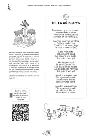 Desde tu celular,
puedes descargar y
escuchar la canción a
través de este
código QR
10. En mi huerto
En mi casa y en mi escuela
Hay un lindo huerto
Plantamos todos juntos
semillas en la tierra (x2)
Duerme, duerme semillita
Bajita y redondita
El sol te hace cosquillas
te trae vitaminas (x2)
Cada mañanita
Bebe mucha agua
La espero y la cuido
¡La quiero ver ya!
¡Ha despertado!
Se estira, se estira.
Sus pies son las raíces
Sus brazos, las ramitas
¡La quiero ver ya!
Los días van pasando
Ella sigue avanzando
Ahora tiene flores
Ricos frutos dará.
Los días van pasando
Ella sigue avanzando
Ahora tiene flores
Ricos frutos dará.
Lasplantasformanpartedelentornodelas
niñas y los niños, y pueden ser fuente de
preguntas, a partir de las cuales se pueden
generar situaciones donde observen y
se planteen hipótesis sobre cómo nacen,
qué necesitan para vivir, cómo es su
crecimiento, entre otras, y se aventuren
a vivir una experiencia de indagación en
las que construyan conocimientos que les
permiten apreciar y cuidar la naturaleza.
¿Te animas a sembrar una semilla y ver qué
sucede?
13
Canciones para imaginar, movernos, disfrutar y seguir aprendiendo
 