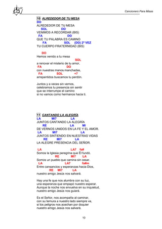 Cancionero Para Misas
10
10 ALREDEDOR DE TU MESA
DO
ALREDEDOR DE TU MESA
SOL DO
VENIMOS A RECORDAR (BIS)
FA DO
QUE TU PALABRA ES CAMINO
FA SOL (DO) 2ª VEZ
TU CUERPO FRATERNIDAD (BIS)
DO
Hemos venido a tu mesa
SOL
a renovar el misterio de tu amor,
FA DO
con nuestras manos manchadas,
FA SOL +7
arrepentidos buscamos tu perdón.
Juntos y a veces sin vernos,
celebramos tu presencia sin sentir
que se interrumpe el camino
si no vamos como hermanos hacia ti.
11 CANTANDO LA ALEGRÍA
LA MI7 LA
JUNTOS CANTANDO LA ALEGRÍA
RE LA MI
DE VERNOS UNIDOS EN LA FE Y EL AMOR.
LA MI7 LA
JUNTOS SINTIENDO EN NUESTRAS VIDAS
RE MI7 LA
LA ALEGRE PRESENCIA DEL SEÑOR.
LA LA7 fa#
Somos la Iglesia peregrina que Él fundó.
RE MI7 LA
Somos un pueblo que camina sin cesar.
LA LA7 fa#m
Entre cansancios y esperanzas hacia Dios,
RE MI7 LA
nuestro amigo Jesús nos salvará.
Hay una fe que nos alumbra con su luz,
una esperanza que empapó nuestro esperar.
Aunque la noche nos envuelva en su inquietud,
nuestro amigo Jesús nos guiará.
Es el Señor, nos acompaña al caminar,
con su ternura a nuestro lado siempre va,
si los peligros nos acechan por doquier
nuestro amigo Jesús nos salvará.
 
