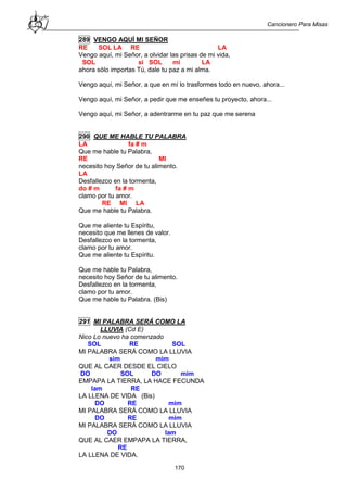 Cancionero Para Misas
170
289 VENGO AQUÍ MI SEÑOR
RE SOL LA RE LA
Vengo aquí, mi Señor, a olvidar las prisas de mi vida,
SOL si SOL mi LA
ahora sólo importas Tú, dale tu paz a mi alma.
Vengo aquí, mi Señor, a que en mí lo trasformes todo en nuevo, ahora...
Vengo aquí, mi Señor, a pedir que me enseñes tu proyecto, ahora...
Vengo aquí, mi Señor, a adentrarme en tu paz que me serena
290 QUE ME HABLE TU PALABRA
LA fa # m
Que me hable tu Palabra,
RE MI
necesito hoy Señor de tu alimento.
LA
Desfallezco en la tormenta,
do # m fa # m
clamo por tu amor.
RE MI LA
Que me hable tu Palabra.
Que me aliente tu Espíritu,
necesito que me llenes de valor.
Desfallezco en la tormenta,
clamo por tu amor.
Que me aliente tu Espíritu.
Que me hable tu Palabra,
necesito hoy Señor de tu alimento.
Desfallezco en la tormenta,
clamo por tu amor.
Que me hable tu Palabra. (Bis)
291 MI PALABRA SERÁ COMO LA
LLUVIA (Cd E)
Nico Lo nuevo ha comenzado
SOL RE SOL
MI PALABRA SERÁ COMO LA LLUVIA
sim mim
QUE AL CAER DESDE EL CIELO
DO SOL DO mim
EMPAPA LA TIERRA, LA HACE FECUNDA
lam RE
LA LLENA DE VIDA (Bis)
DO RE mim
MI PALABRA SERÁ COMO LA LLUVIA
DO RE mim
MI PALABRA SERÁ COMO LA LLUVIA
DO lam
QUE AL CAER EMPAPA LA TIERRA,
RE
LA LLENA DE VIDA.
 