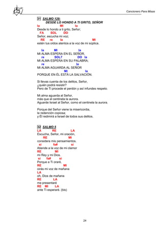 Cancionero Para Misas
24
31 SALMO 129:
DESDE LO HONDO A TI GRITO, SEÑOR
la MI la
Desde lo hondo a ti grito, Señor;
FA SOL DO
Señor, escucha mi voz;
RE re la MI
estén tus oídos atentos a la voz de mi súplica.
la MI la
MI ALMA ESPERA EN EL SEÑOR,
re SOL7 DO la
MI ALMA ESPERA EN SU PALABRA;
re la
MI ALMA AGUARDA AL SEÑOR
MI la
PORQUE EN ÉL ESTÁ LA SALVACIÓN.
Si llevas cuenta de los delitos, Señor,
¿quién podrá resistir?
Pero de Ti procede el perdón y así infundes respeto.
Mi alma aguarda al Señor,
más que el centinela la aurora.
Aguarde Israel al Señor, como el centinela la aurora.
Porque del Señor viene la misericordia,
la redención copiosa;
y Él redimirá a Israel de todos sus delitos.
32 SALMO 5
LA RE LA
Escucha, Señor, mi oración,
RE MI
considera mis pensamientos.
si fa# si
Atiende a la voz de mi clamor
RE MI
mi Rey y mi Dios.
si fa# si
Porque a Ti oraré,
RE MI
oirás mi voz de mañana
LA
oh, Dios de mañana
RE LA
me presentaré
RE MI LA
ante Ti esperaré. (bis)
 