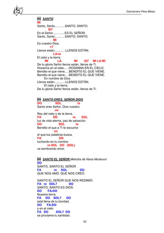 Cancionero Para Misas
52
88 SANTO
MI
Santo, Santo............SANTO, SANTO.
SI7
Es el Señor..............ES EL SEÑOR.
Santo, Santo............SANTO, SANTO.
MI
Es nuestro Dios.
+7
Llenos están.............LLENOS ESTÁN.
LA-la
El cielo y la tierra.
MI LA MI SI7 MI LA MI
De tu gloria Señor llenos están, llenos de Ti.
Hosanna en el cielo......HOSANNA EN EL CIELO.
Bendito el que viene.....BENDITO EL QUE VIENE.
Bendito el que viene.....BENDITO EL QUE VIENE.
En nombre de Dios.
Llenos están.............LLENOS ESTÁN.
El cielo y la tierra.
De tu gloria Señor llenos están, llenos de Ti.
89 SANTO ERES, SEÑOR DIOS
DO SOL la
Santo eres Señor, Dios nuestro
mi
Rey del cielo y de la tierra,
FA DO re SOL
luz de vida eterna, paz de salvación.
DO SOL la
Bendito el que a Ti te escucha
mi
el que tus palabras busca,
FA DO
luchando en tu nombre
re SOL DO (SOL)
va sembrando amor.
90 SANTO EL SEÑOR Melodía de Nana Moskouri
DO
SANTO, SANTO EL SEÑOR
FA re SOL DO
QUE NOS AMÓ, QUE NOS CREÓ.
SANTO EL SEÑOR QUE NOS REDIMIÓ.
FA re SOL7 DO
SANTO, SANTO ES DIOS.
DO FA-DO
Nuestra tierra
FA DO SOL7 DO
está llena de tu bondad,
DO FA-DO
y en el cielo
FA DO SOL7 DO
se proclama tu santidad.
 
