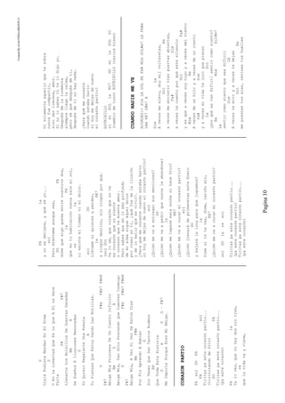 CreatedByeLmUNDOcABEZON©
Pagina10
G
OjaláPudieraMandarEnElAlma
D
OEnLaLibertadQueEsLoQueAElLeHace
Falta
F#F#7
LlenarteLosBolsillosDeGuerrasGanadas
BmA
DeSueñosEIlusionesRenovadas
G
YoQuieroRegalarteUnaPoesía
A
TuPiensasQueEstoyDandoLasNoticias.
DF#mF#m7F#m8
F#7
AmigaMíaPrincesaDeUnCuentoInfinito
BmGA
AmigaMía,TanSóloPretendoQueCuentesConmigo
DF#mF#m7F#m8
F#7
AmigaMía,AVerSiUnoDeEstosDías
BmF#m
PorFinAprendoAHablar
G
SinTenerQueDarTantosRodeos
Em
QueTodaEstaHistoria
GADG–F#7
MeImportaPorqueEresMiAmiga.
CORAZONPARTIO
FAsolDOFA
FAsol
Tiritaspaestecorazónpartío...
(tirititandodefrío)
DOFA
Tiritaspaestecoraz¢npartío...
(paestecorazón)
FAla
Yaloves,quenohaydossintres,
re
quelavidavayviene,
FAla
ynosedetiene,yquéséyo...
sol
Peromiéntemeaunquesea,
DOFA
dimequealgoquedaentrenosotrosdos,
laFA
queentuhabitaciónnuncasaleelsol,
rela
niexisteeltiemponieldolor.
solDO
Llévamesiquieresaperder,
laRE7
aningúndestino,sinningúnporqué.
(solDO)
Yalosé,quecorazónquenove
escorazónquenosiente
ocorazónquetemienteamor.
Perosabesqueenlomásprofundo
demialmasigueaqueldolor
porcreerenti,¿quéfuedelailusión
ydelobelloqueesvivir?.
¿Paraquémecurastecuandoestabaherío
sihoymedejasdenuevoelcorazónpartío?
sol
¿Quiénmevaaentregarsusemociones?
DO
¿Quiénmevaapedirquenuncaleabandone?
la
¿Quiénmetaparáestanochesihacefrío?
RE7
¿Quiénmevaacurarelcorazónpartío?
sol
¿QuiénllenarádeprimaverasesteEnero
DO
ybajarálalunaparaquejuguemos?
la
Dimesitútevas,dime,cariñomío,
RE7
¿Quiénmevaacurarmicoraz¢npartío?
solDOlaresol
Tiritaspaestecorazónpartío...
(paestecorazónpartío)
Tiritaspaestecorazónpartío...
(paestecorazón)
Disolamenteaquelloquetesobra
nuncafuecompartir,
sinodarlimosna,amor.
Sinolosabestútelodigoyo.
Despuésdelatormenta
siemprellegalacalma,
peroséquedespuésdeti,
despuésdetinohaynada.
¿Paraquémecuraste
cuandoestabaherío
sihoymedejasdenuevo
elcorazónpartío?
ESTRIBILLO
simiSOLlaMI7DOmilaSOLSI
(cambiodetono)ESTRIBILLO(variosbises)
CUANDONADIEMEVE
ACORDES:>SImLASOLREFA#MImSOL#m7LAFA#m
LAmRE7G#m7A
SimLa
Avecesmeelevo,doymilvolteretas,
SolRe
avecesmeencierrotraspuertasabiertas,
Fa#Sim
avecestecuentoporquéestesilencio
SolFa#
yesqueavecessoytuyoyavecesdelviento
MimRe
Avecesdeunhiloyavecesdeunciento
Fa#Sim
yavecesmividatejuroquepienso
LaSol
¿porquéestandifícilsentircomosiento?
ReMimSol#m7
La
sentircomosientoqueseadifícil
SimLA
Avecestemiroyavecestedejas
SolRe
meprestastusalas,revisastushuellas
 