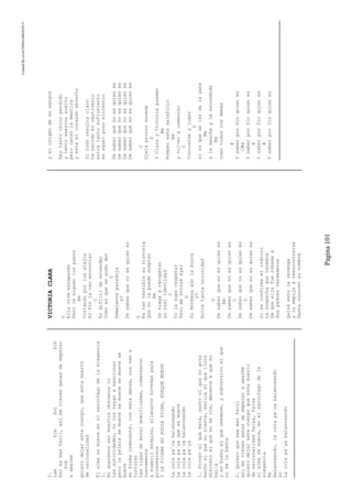 CreatedByeLmUNDOcABEZON©
Pagina101
2.
LamSimSolSib
Asiesmasfacil,asimevienenganasdeempezar
Sim
aamarme
Quierodejarestecuerpo,queestamuerto
denacionalidad
Elalmasemuereenelsarcofagodelaelegancia
1.
Noqueremossermuertosobscenosno
Lasautoridades,nonosvayanasancionar
perolapelbissemuevesemuevesemuevese
mueve
enformaindecente.conestadanza,nosvana
torturar
Lasligasdemoralmomificadas,comenzaron
nuevamente
asugerirmodales,allanaronbovedaspara
picanearnos
YLAPICANANOPODIAPICAR,PORQUEMUEVE
Lacolapa´cabalanceando
Lacolapa´yaquesemueve
Lacolapa´cabalanceando
Lacolapa´ya
1.Procerelquemata,santoelquenogoza
machoelquenosiente,maricaelquellora
discretoelquenoseríe,decenteequeno
baila
yesbuenoelqueobedece,ysubversivoelque
noselabanca
2.Quieroqueseamasfacil
asimevienenganasdeempezaraamarme
quierodejarestecuerpoqueestamuerto
denacionalidadfalsa,falsa
elalmasemuere,enelsarcofagodela
elegancia
Re
Balanceando,lacolapa´cabalanceando
Do
Lacolapa´yabalanceando
VICTORIACLARA
G
Ellaviveescapando
Perolesiguenlospasos
Em
Cortandoporlosatajos
Alfinlavanencontrar
C
Esdifícildeentender
Comoesquesepudodar
D
Semejanteparadoja
D7
Desaberquenoesquienes
G
Estanterriblesuhistoria
Quenolapuedeaceptar
Em
Seniegaarecuperar
surealidentidad
C
Yolasuperespetar
Peromeenteréayer
D
SuHermanaaúnlabusca
D7
Entretantaoscuridad
G
Desaberquenoesquienes
Em
Desaberquenoesquienes
C
Desaberquenoesquienes
D
Desaberquenoesquienes
Siseconfirmaelindicio
Lasospechaquetenemos
Dequeellafuerobadaa
Suspadresverdaderos
Quizáestolaretenga
ylaempujeareencontrarse
Hastaconocersunombre
yelorigendesusangre
Haytantochicoperdido
ytantoasesinosuelto
perocansólamentira
yestaelcorazónabierto
Sitodoresultaclaro
hanacidoencautiverio
entretantosufrimiento
enaquelpozosiniestro
Desaberquenoesquienes
Desaberquenoesquienes
Desaberquenoesquienes
Desaberquenoesquienes
C
Ojaláprontosuceda
D
YClarayVictoriapuedan
Bm
Romperestemaleficio
Em
yvolveracomenzar
C
Conocerseyjugar
D
siesqueselesdalagana
Bm
alamanchaylaescondida
Em
comotodoslosdemás
E
Ysaberporfinquienes
C#m
Ysaberporfinquienes
A
Ysaberporfinquienes
B
Ysaberporfinquienes
 
