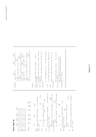 CreatedByeLmUNDOcABEZON©
Pagina13
TOCAPARAMI
DO5LAm7SOL4SOL7
MI------3------0----3-------3
SI-----1------1----3-------3
SOL-----0------0----5-------4
RE------2------2----5-------3
LA-----3------0----5-------5
MI-----0------0----3-------3
INTRO:DOFADO5DOFADO5
DODO5DODODO5DO
DOSOLLAm7
MIm
VOZ:Comocadatardeestaba,enelparque
paratocar
FAFAmSOL4
SOL7
suviejoycansadoinstrumento.
DOSOLLAm
MIm
Enelmismobancosentado,unamantaen
elsueloasulado,
FAFAm
dispuestoadarelladobuenoyaunqueya
sevengamenos
SOL4SOL7
meregalaunabaladasoloporunamirada
DOSOLLAm
MIm
Desusañosdeexperienciayde
anecdotasmecuenta
FAFAm
yofinjocreerleasimegusta
SOL4SOL7
DO
verlofelizcontandoaventurasycreyendo
serunviolin
SOLLAmMIm
ESTRIB:tocaparami,yotequierooir.
FADO
quieroformapartedetulocura
REmSOL7
pondremosnuestrasalmasdepartitura
DOSOLLAmMIm
tocaparami,yotequierooir.
FADO
yqueelultimolatidodetucorazon,
REmSOL7
sealarosaquebrotadelaultimanota.
INTRO:
VOZ:Haygentequeriealverleconsu
pajaritaverde
suspantalonesyaroidosyunasflores
quehacogido
adornandounacamisaquehacosidomuy
deprisa.
Ellocomaestrotocaconunadulcura
loca
yseposaunapalomaensuszapatosde
goma
nadierienadiehablalosquedetise
burlaban.
Sevarecostandoyhabladelodura
queeslatabla
quehadejadodefinjirnoquiero
verlesufrircontandoaventurasy
creyendoseunviolin
 