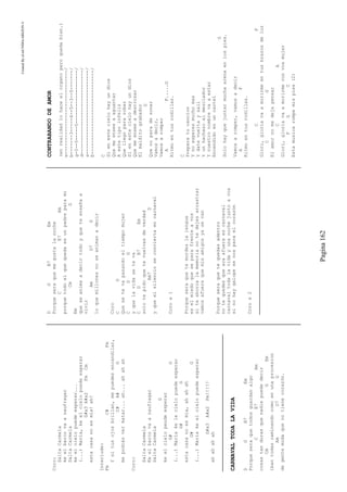 CreatedByeLmUNDOcABEZON©
Pagina162
Coro:
SaltaCarmela
keelbarcovaanaufragar
SaltaCarmela
keelcielopuedeesperar...
(...)María,keelcielopuedeesperar
G#x3A#x2FmCm
estacasanoesmía!ah!
Interlude:
FmC#Fm
Ysitusojosbrillan,mepuedesencandilar,
C#A#G
mepodrásvermatar...ah...ahahah
Coro:
SaltaCarmela
Keelbarcovaanaufragar
SaltaCarmela
G
keelcielopeudeesperar
G#G
(...)Maríakelecielopuedeesperar
G#G
estacasanoesmia,ahahah
G#G
(...)Mariakeelcielopuedeesperar
G#x3A#x2Fm!!!!!
ahahahah
CARNAVALTODALAVIDA
DGB7Em
Porqueseraquetodosguardanalgo
CE7Am
cosastandurasquenadiepuededecir
CmGEm
ibantodascaminandocomoenunaprocesion
AmD7G
degentemudaquenotienecorazón.
DGB7Em
Porqueseraquemegustalanoche
CE7Am
porquetodoelquequedaesunpadreparami
CmG
Em
queseanimaadecirtodoyqueteenseñaa
vivir
AmD7G
loquemillonesnoseanimanadecir
Coro
CD
Quesetevapasandoeltiempomujer
CDG
yquelavidaseteva
CDB7Em
solotepidoquetevuelvasdeverdad
Am7D
yqueelsilencioseconviertaencarnaval
Corox1
Porqueseraquetemordeslalengua
eselmiedoqueseparafrenteavos
siteahorcalamemorianotedejesarrastrar
vamosafueraquemisamigosyasevan
Porqueseraquetequedasadentro
notequedesqueacaafueraescarnaval
carnavaltodalavidayunanochejuntoavos
sinohaygalopesenosparaelcorazón
Corox2
CONTRABANDODEAMOR
(enrealidadlohaceelorganoperoquedabien.)
e------------------------------/
b-------3-----6--5--3--5-------/
g-5--5-----5-------------------/
d------------------------------/
a------------------------------/
E------------------------------/
C
Sienestecielohayundios
Quemeenseeaaguantar
Aestetipoinfeliz
Quellegopararobar
Sienestecielohayundios
Quemeenseeadestrozar
Elmalditograbador
G
Quenoparadesonar
Vamosadecir,
Vamosaromper
AF.....G
Ritmoentusrodillas.
C
Preparatucancion
Ynoesperesmuchomas
Ydatevueltaysali
Yunhachazoalmezclador
Ynuestronombrevaaestar
Encendidoenuncartel
G
Solohayquejuntarmuchaarenaenlospies.
Vamosaromper,vamosadecir
AF
Ritmoentusrodillas.
CF
Glori,gloriavaamorirmeentusbrazosdeluz
CG
Elamornomedejapensar
CA
Glori,gloriavaamorirmeconvosmujer
FGC
Estamusicarompemispies(2)
 