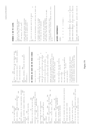 CreatedByeLmUNDOcABEZON©
Pagina170
REmMILAm
lacanatetemematador
LAmREmMI
Matador,matador,Dondeestasmatador?
LAmREmMILAm
REmMI
matador,matador,notevayasmatador,matador
LAmREm
vientodelibertad,sangrecombativa,enlos
bolsillos
MILAm
delpueblo,laviejaherida.
REmMILAm
Deprontoeldiasemehacedenoche
REm
murmullos,corridasyelgolpeenlapuerta
MILAmREm-MI-LAm
llegolafuerzapolicial.
Mirahermanoenqueterminaste
REmMILAm
porpelearporunmundomejor
REm
Quesuena?
MILAmREmMILAm
sonbalas...mealcanzan...meatrapan...
REmMILAmREmMI
resiste...VictorJara...nocalla
LAmREmMI
Matador,matador,teestanbuscando...
LAmREmLAm-REm-MI
matadorteestanmatando
matador,valientematador
LAm
Medicenelmatadordeloscienbarriosportenos
REm
notengoporquetenermiedo
MI
mispalabrassonbalas
LAm
balasdepaz,balasdejusticia
REmMILAm
soylavozdelosquehicieroncallarsinrazon
REm
porelsoloechodepensardistinto
MILAm
ayDios...SantaMariadelosBuenosAires
REmMILAmREm
sitodoestuvieramejor...Matador,matador,
MI
sitodoestuvieramejor
LAmREmMI
Matador,matador,adondevasmatador?
LAm
matadoooor...
MINOVIASECAYOENUNPOZOCIEGO
Intro:[GFGF]
GFGF
Caminandoporlacalleconminovia
GFGF
desdehoyyanoescuchomassuspenas
GFGF
mirenla,enelpozosehacaido,
GFGF
ellanoquierenuncamasestarconmigo
Desdeacayanopuedonimirarla
soloescuchoquemegritaynosecalla
lepreguntoquepasaporallaabajo
nada,nada,noveouncarajo
CF
Hayquesacarla,hayquesacarla,
G[FGF]
delpozociego
CF
Hayqueayudarla,hayqueayudarla
G[FGF]
porquelaquiero
Yacaafuerayanotengomasamigos
conElenitasefuetodolomio
yquienmeharaelteporlamañana
oquienseacuestaconmigoenmicama
NUMERO2ENTULISTA
A
Vuelvoacasatempranohermano
Nadasaliócomoloesperaba
BmDA
Elfuémejor,selallevó.
Porquecantababuenascanciones
Yélhablódebuenostrabajos
Calabayo,supadreentró.
D
Ayviejoyolaquieroperoélesmejor
DmAE
A
Senotómiborracheraymimalavoz,mimalavoz
Yestamostodosallíenlamesa
Tupadreintentareírnopuede
Yalirmeyo,eltehablará
Tediráquenosoyconfiable
Yqueesetipoesmásrazonable
Peromujer,esanoche,esanocheyoteamé.
Yahoratupadrevolveráareir
Ytumalditonoviovolveráahablardeél,sólo
deél.
QUINTOCENTENARIO
INTRO:
DGDA(4veces)
DGDA
QUIEROVIVIRENAMERICAquierovivirenamerica
DGDA
QUIEROMORIRENAMERICAquieromorirenamerica
DGD
A
QUIEROSERLIBREENAMERICAquieroserlibreen
america
 