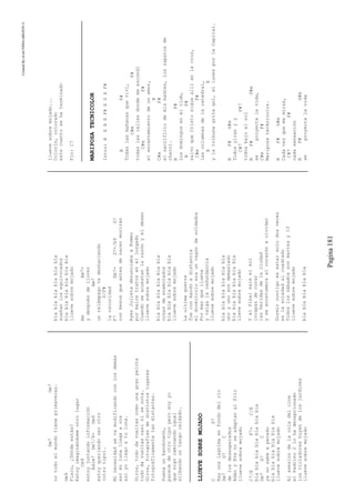 CreatedByeLmUNDOcABEZON©
Pagina181
Dm7Gm7
notodoelmundotieneprimaveras.
Gm9
Flaco,¿Dóndeestás?
Estoyimaginándomeotrolugar
Cm9
estoyjuntandoinformación
Adim7Dm7/9+Gm9
estoyqueriendoserotro
(otrotipo).
Minecesidadsevamodificandoconlosdemás
asímilunallegaavos
asíyollegoatuluna.
Giros,tododavueltascomounagranpelota
tododavueltascasinisenota.
Giros,fotografíasdedistintoslugares
fotográficamentetandistantes.
Suenaunbandoneón,
parecedeotrotipoperosoyyo
quesigocaminandoigual
silbandountangooxidado.
LLUEVESOBREMOJADO
CD7
Hayunalagrimaenfondodelrío
Dm7G7C
delosdesesperados
AdányEvanoseadaptanalfrío
lluevesobremojado
C7/EF7+C/E
blablablablablablabla
Dm7G7C
yanosabeapecado
blablablablablabla
lluevesobremojado
Alasesinodelacoladelcine
elPadrino2lohadecepcionado
losvioladoreshuyendelosjardines
lluevesobremojado
blablablablablabla
sueñanlosequivocados
blablablablablabla
lluevesobremojado
AmAm7+
ydespuésdellover
Am7
unrelámpagovadeshaciendo
D/F#
laoscuridad
F7Eb7+D7+/b9G7
conbesosqueantesdenacermorirán
AyerJulietadenunciabaaRomeo
pormalostratoseneljuzgado
Cuandoseacuestanlarazónyeldeseo
lluevesobremojado
blablablablablabla
cosasdeenamorados
blablablablablabla
lluevesobremojado
Laultimaguerra
fueconmandoadistancia
eldormitorioeraunvagóndesoldados
Pormasquellueva
yvalgalaredundancia
lluevesobremojado
blablablablablabla
unoyunosondemasiado
blablablablablabla
llevesobremojado
Yalfinalsaleelsol
incapazdecurar
lasheridasdelaciudad
yseacostumbraalcorazónaolvidar
Dormircontigoesestarsolodosveces
eslasoledadalcuadrado
Todoslossábadossonmartesy13
lluevesobremojado
blablablablabla
lluevesobremojado...
Colorín,colorado
estecuentosehaterminado
Fin:C7
MARIPOSATECNICOLOR
Intro:BEBEF#ESEF#
BF#
Todaslasmañanasqueviví,
C#mF#
todaslascallesdondemeescondí
C#mF#
elencantamientodeunamor,
B
C#mF#
elsacrificiodemismadres,loszapatosde
charol.
BF#
Losdomingosenelclub,
BF#
salvoqueCristosigueallíenlacruz,
C#mF#
lascolumnasdelacatedral,
BE
ylatribunagritagol,ellunesporlaCapital.
BF#G#m
Todosyiranyy
C#7F#7
todosbajoelsol
BF#G#m
seproyectalavida,
C#mF#
Mariposatecknicolor.
BF#G#m
Cadavezquememiras,
C#7F#
cadasensación
BF#G#m
seproyectalavida
 