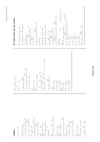 CreatedByeLmUNDOcABEZON©
Pagina190
PUENTE
Intro:FCm
F
Hoytebusqué
CmA#F
Enlarimaqueduerme
Cm
Contodaslaspalabras
F
Sialgocallé
CmA#F
esporqueentendítodo
Cm
Menosladistancia
GmDm
Desordenéátomos
C#C
Tuyosparahacerte
FCm
Aparecer
A#A#C
Undíamás,undíamás...
F
Arribaelsol
CmA#F
Abajoelreflejo
Cm
Vecómoestallamialma
F
Yaestásaquí
CmA#F
Yelpasoquedimos
Cm
Escausayesefecto
Gm
Cruzaelamor
Dm
Yocruzarélosdedos
FA#F
Ygraciasporvenir
FA#C
Graciasporvenir
A#FA#
CA#
Adorablepuente
CA#F
Sehacreadoentrelosdos
FCmFCmFCmFCm
Gm
Cruzaelamor
Dm
Yocruzarélosdedos
FA#FA#
Ygraciasporvenir
FA#FA#
Graciasporvenir-----------2veces
CA#
Adorablepuente......
A#
Cruzaelamor
FC
Cruzaelamor
A#C
Porelpuente
A#
Usaelamor
FC
Usaelamor
A#
Comounpuente
TELLEVOPARAQUEMELLEVES
GCGC
Teconozcodeotravida
GCGC
hoysaldrasporlaventana
AC#m7GA
Comounpu~al
C#m7GA
rasgandolastinieblas
C#m7G
sitellevo
F#m
esparaquemelleves,auoh
(E-Bm7)x4
GCGC
Sinhablar,soloroces
GCGC
quierovertusojosrojos
AC#m7GA
contarehastatres
C#m7GA
yllamareatupuerta
C#m7GF#m
yotellevoparaquemelleves,auoh
(E-Bm7)x3
EBm7(A-C#m7-G)x2A-
C#m7-G
Conlasaguasmovedizas...
F#m(B-E-A)x4
Yotellevoparaquemelleves
BEAB
deunavida
EA
aotravida
BEAB
deunavida
EA
aotravida
GF#mE
paraquemelleves,auoh.
 