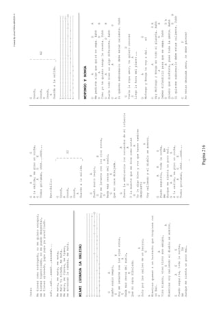 CreatedByeLmUNDOcABEZON©
Pagina216
Intro
Metienescomoendrogado,nomequieroescapar,
metieneshipnotizado,nomepuedodespertar,
metienesapresado,papapapapaparalizado.
aah...aah...aaaah...aaaaaah...
Memata,memata,memata,
mematatumirada,memata.
Memata,mellevas,metraes,
mearrancaslacabeza,memata.
MIAMI(GUARDALASALIDA)
E|------------------------------------------------------------|
A|------------------------------------------------------------|
D|----------------------------------------------------------2-|
G|------------------------------2--------------2-----2--o----|X2
B|----3------------3-------o--o-----o--3--o--o-----o----------|
E|--o---o--3--o--o---o--3-------------------------------------|
GA
Sueñosusionegro,
GE
Hoymelevanteconlosojosrotos,
GA
Nadamascercadelsuelo,
GE
Quemicaradibujada.
GA
Soloporlascallesdeunbarrio,
G
A
Mientrasquemanaunborrachoquetropiezacon
unbar.
GA
Vinoblanco,vinotintosonamigos,
GA
Mientrasvoycallendoeldiabloseacerco.
GAEG
Puedoseguirla,todalanoche,
AmEm
Aunquemesientaunpocomal.
GAEG
Alasalida,mepisouncoche,
GAGE
Todosgritaban,ohhh...ohhh...
Estribillo:
_
G|
Ooooh,|
A|
Ooooh,|X2
G|
Ooooh,|
A|
Guardaalasalida._|
GA
Sueñosusionegro,
GE
Hoymelevanteconlosojosrotos,
GA
Nadamascercadelsuelo,
GE
Quemicaradibujada.
GA
Suenalaambulancialosrecuerdosdemiinfancia
GA
Ylamuertequemedicecomoestas
GA
Yoledigobienyvosquehacestambien
despierto
GA
Voycallendoyeldiabloseacerco.
GAEG
Puedoseguirla,todalanoche,
AmEm
Aunquemesientaunpocomal.
GAEG
Alasalida,mepisouncoche,
GAGE
Todosgritaban,ohhh...ohhh...
_
G|
Ooooh,|
A|
Ooooh,|X2
G|
Ooooh,|
A|
Guardaalasalida._|
E|------------------------------------------------------------|
A|------------------------------------------------------------|
D|----------------------------------------------------------2-|
G|------------------------------2--------------2-----2--o----|X2
B|----3------------3-------o--o-----o--3--o--o-----o----------|
E|--o---o--3--o--o---o--3-------------------------------------|
MOFONGOYBONGA
DADA
Mepedistealgoquequizánosepa.Aahh
DADA
Comoyotequierotengolareceta.Uuhh
DADA
Hueletodobienesalgodiferente.Aahh
DAD
A
Siqueréssaborearlodebeestarcaliente.Uuhh
GD
Vuelalaropaamor,tequieroconocer
GA
Llegolahoradelplacer...
DAD
MofongoyBongatevoyadal.x4
DADA
HayMofongoyBongaentodoelplaneta.Aahh
DADA
Debesdifundirloparaquesesepa.Uuhh
DADA
Quieroquedisfrute,puestodalagente.Aahh
DADA
Siquieressaborearlodebeestarcaliente.Uuhh
GD
Noestasdesnudaamor,tedebeparecer
 