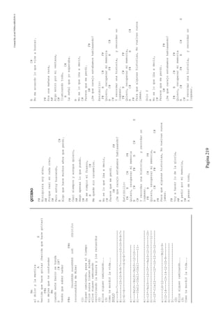 CreatedByeLmUNDOcABEZON©
Pagina219
Bm
eldolorylamentira
DAE
heridaquehacegritar(heridaquehacegritar)
F#m
nodejesqueteconfundan
Bm
cuandoestebarcosehunda
DC#C#7
tenésquesabernadar
F#mF#m
Oooohhhhoooohhhhooh(Gritito
inconundibledeMike)
(1)
Siguencaminando,pasaeltiempo
ellosnuncatienenmiedo
ellossiguencaminando
revolviendolabasuraylosrecuerdos
(2)
Ellossiguencaminando...
(3)
Comotemordiólavida...
SOLO
e|---9--7-------------------------------
B|--------10-10-9-9-7-------10-10-9-9-7-
G|-6--6--------------6-6-6-7------------
e|------------------------------
B|---9s10--9s10--9s10--12-10----
G|---10s11-10s11-10s11-------11-
e|--------------------------------------
B|-10*-9s10---12-10*--9s10-12-10-----10-
G|---------------------------------11---
D|-12*-11s12-----12*-12-12-12-12--------
e|-----14-12--------------9h10-9-
B|12-14-----13-14-12-10-9--------
G|-------------------------------
D|-------------------------------
(2)
Ellossiguencaminando...
(3)
Comotemordiólavida...
QUIERO
F#
Nisiquierasoyateo,
A#
Porquecasiennadacreo,
D#
Peroestoybuscando,
BC#
Algoquehacemuchosañosqueperdi.
F#
Casisiempreyaunquequiero,
A#
Hagoapenasloquepuedo.
D#
Semerompioelfrasco,
BC#
Mequedesincaramelos.
B
Noseloqueibaadecir,
C#
Parecequemeperdi.
G#F#
¿Dequecarajoestabamoshablaaando?
Estribillo:
F#BC#F#
Quiero,recuperarmimemoria
BC#F#BC#E
C#
Yrecordarunahistoria,yrecordarun
lugaaar.
F#BC#F#
Quiero,recuperarmimemoria,
BC#F#BC#
F#
Paraquealgunashistorias,Novuelvannunca
jamas.
F#
Voyahacerlodelagloria,
A#
Apedirpormimemoria,
D#
Apesardetodo,
BC#
Nomeacuerdoloquevineabuscar.
F#
Eraunamañanarara,
A#
Algoentropormiventana,
D#
Iluminandotodo,
BC#
Laseñalqueyoesperaba.
B
Noseloqueibaadecir,
C#
Parecequemeperdi.
G#F#
¿Dequecarajoestabamoshablaaando?
Estribillo:
F#BC#F#
Quiero,recuperarmimemoria
BC#F#BC#E
C#
Yrecordarunahistoria,yrecordarun
lugaaar.
F#BC#F#
Quiero,recuperarmimemoria,
BC#F#BC#
F#
Paraquealgunashistorias,Novuelvannunca
jamas.
Solo2
B
Noseloqueibaadecir,
C#
Parecequemeperdi.
G#F#
¿Dequecarajoestabamoshablaaando?
F#BC#F#
Quiero,recuperarmimemoria
BC#F#BC#E
C#
Yrecordarunahistoria,yrecordarun
lugaaar.
 