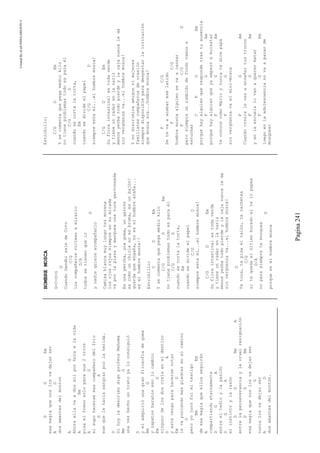 CreatedByeLmUNDOcABEZON©
Pagina241
DGEm
esamagiaquenoslosvadejarser
AD
dosamantesdelmonton
AG
Ahoraellavaadosmilporhoraxlavida
ABm
pisaelfrenosoloparasus2crios
AG
elsupohacersemascompañerodelfrio
DA
esequelehaciasangrarporlaherida.
D
SihoyladescribodigoprofetaMahoma
BmG
unavezhechountratoyaloconsiguió
D
yeladquirióunagranfilosofíadegoma
BmG
yzapatosbaratosesolocambio
EmG
ningunodelosdoscreíaeneldestino
DA
yestevengoparahacersenotar
EmG
levaponiendomaspiedrasenelcamino
D
peroyojurofuieltestigo
BmEm
deesamagiaqueellosseguirán
A
compartiendoeternamente
DGA
entreeltedioylapasión
DGA
elinstintoylarazón
DGBmA
entrelaperseveranciaylacruelresignación
DGBm
esamagiaquenoslosvadejarser
G
nuncalosvadejarser
AD
dosamantesdelmontón.
HOMBREMOSCA
G-C-D-G
G
CuandoGandhisaledeCoto
C/G
loscompañerosvolteanamirarlo
D/A
todossetienenqueir
G
ynadiequiereacompañarlo
Camisablancamuylungotezmorena
losojosrojossiempreensumirada
vaporlaplazaymangueaunatucagarroneada
Esunapercha,unagoma,ungarrón
escomounchiclenoesbroma,esunbajón!
guardaqueengaña,noeselhombrearaña...
eselhombremosca!!
Estribillo:
CDEm
Ysecomentaquepegamediokilo
C/GDEm
notieneproblemastodoesparaél
C/GD
cuandosecortalatorta,
Em
cuandosedivideelpapel
C/GD
siempreestael...elhombremosca!
C/GDEm
Sufloraintestinalestodaverde
ytieneunradarenlanariz
menosyerbatodopierdeylacajanuncaleda
sinvergüenzava...elhombremosca!
G
Tetoca,tepisaeltalón,tecachetea
C/G
sitequedaelúltimobocadoeltelopapea
D/A
noparasiempretemosquea
G
porqueeselhombremosca
Estribillo:
C/GDEm
Ysecomentaquepegamediokilo
notieneproblemastodoesparaél
C/GD
cuandosecortalatorta,
Em
cuandosedivideelpapel
C/GD
siempreestael...elhombremosca!
C/GDEm
Sufloraintestinalestodaverde
ytieneunradarenlanariz
menosyerbatodopierdeylacajanuncaleda
sinvergüenzava...elhombremosca!
Ynodiscriminaamigosnimujeres
familiarescompañerosdeocasión
siempredisponibleparadespertarlairritación
quemoscasos...hombremosca!
FC/G
Setevaaacabareselatido
FC/G
hombremoscaalguiensevaacansar
FC/GG
perosiempreunzumbidodefondovamosa
escuchar
CFGAm
porquehayalguienquerespondetrastuausencia
FGAm
porquehayalguienqueyaempezóamolestar
FGAm
teconocecomoMarioynuncatedicepapá
FG
sinvergüenzavaelmini-mosca
FGAm
Cuandocrezcalevasaenseñartustrucos
FGAm
yenlaescuelalovanaquerermatar
FGAm
luegoenlaadolescencianovaapararde
mosquear
 