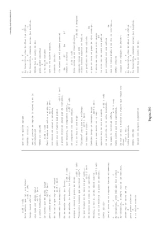 CreatedByeLmUNDOcABEZON©
Pagina250
riff1(x3)
Holaamigo,quetal,soyOscar
riff2(x4)
tengonueveañitos
unacasaporalgúnlugar
riff1(x4)
ysietehermanitos.
Lecuentoquemegustajugar
riff2(x4)
perojuegopoquito.
Enlacallequehoyesmihogar
riff1(x4)
comenmáslosmosquitos.
Noseasusteseñor,porfavor,
riff2(x4)
noseasuste,nomuerdo,noladro...
aunqueavecesmipanzamedice:
riff1(x4)
"Oscarcitotenemosquemasticaralgo".
Loquetraigoenlamanoespa'usté...
riff2(x4)
medijeronqueesteesunsantito.
Récele,aversiustédtienesuerte
riff1(x1)
ysinolemolestalepidounpesito.
CORO:(01:22)
(enelcoroesunrasgueofuertesolamente)
GDFC
AyOscarcito,cómobrillantusojitos
GDFC
AyOscarcito,siempresuciaslasmanitos.
G
Dóndehayuncachodesol
D
parapodercalentar
F
atudulcecorazón
C
quenosequiereapagar.
PUENTE:(02:12)
(enelpuenteserepitelomismoqenla
introduccion)
VERSO2:(02:28)
riff1(x3)
Casisiemprequeentroaalgúnbar
riff2(x4)
losmozosmesacanapatadas,
perounosevuelvemáspillo
riff1(x4)
ypuederescataralgúnpardetostadas.
Quedespués,secompartenseñor...
riff2(x4)
secompartenconalgúnamigo.
Ysinohayniunamiga
"jalamos"paraqueelestómago
riff1(x4)
nohagamásruido.
Tambiéntengounhermanomayor
riff2(x4)
peroaesemuchonoloveo
aparecemuydevezencuando
riff1(x4)
silapolicíanoloandabuscando.
Depapáninoticiasseñor,
riff2(x4)
mamácuentaquenosparecemos.
Sefueundíaabuscarelfuturoquesegúnnos
dicen
riff1(x1)
todosmerecemos.
CORO:(03:34)
(sigueconrasgueosolamente)
GDFC
AyOscarcito,cómobrillantusojitos
GDFC
AyOscarcito,siempresuciaslasmanitos.
G
Dóndehayuncachodesol
D
parapodercalentar
F
atudulcecorazón
C
quenosequiereapagar.
PUENTE:(04:24)
(lomismoqueelprimerpuente)
EmB7EmB7
VERSO3:(04:40)
riff1(x3)
EstanocheesenConstitución
riff(x1ydespues
seguidotocasunB5)
otrastantasaguantoenRetiro
yoprefieronotenercolchón
Em
aqueuncurasepasedevivoconmigo.
Yahoramevoyparaotrovagón;
B7
laotravezmecomíunapaliza
porcolgarmeconunaseñora
Em
quenoteníaplataymediosusonrisa...
CORO:(05:15)
(sigueconrasgueosolamente)
GDFC
AyOscarcito,cómobrillantusojitos
GDFC
AyOscarcito,siempresuciaslasmanitos.
G
Dóndehayuncachodesol
 