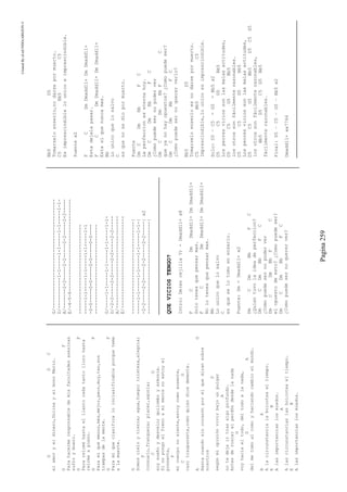 CreatedByeLmUNDOcABEZON©
Pagina259
GDC
elamoryeldinero,DolinayelmonoMario.
GF
Parahacermeresponsabledemisfacultadesasesinas
sufroymuero.
GF
Parareírmehastaelllantocadatantollorohasta
reírmeapleno.
GF
Paramíquemenos,más,mejor,peor,muy,tan,son
trampasdelamente.
GF
Paramíqueclasificaloinclasificableporqueteme
alamuerte.
G
Somoscieloytierra;agua,fuego;tristeza,alegría;
F
consuelo,franqueza;placer,agonia;
CG
soysueñoydesvelo;quilomboyarmonia.
Sinopongoelfrenoamimentenoestoyel
presente,
F
micuerponosiente,estoycomoausente,
CG
casitrasparente,comoquiendicedemente.
AG
Hastacuandosincorazónporelquediransobre
nosotros
D
segúnmiopiniónvivirbajounpulgar
A
notedejairtrasalgoprofundo.
Antesderoscarelperdóndesdelanada
G
voyhaciaeltodo,deltodoalanada,
DA
delmetomoalcomoyhaciendocambioelmundo.
BA
Alacircunstancialaboicoteaeltiempo.
EB
Alasimportanciaslosmiedos.
A
Alascircunstanciaslasboicoteaeltiempo.
EB
Alasimportanciaslosmiedos.
G/---------------------------------------
D/-----------1-1-----1-1-----1-1-----1-1-
A/-------2-2-----2-2-----2-2-----2-2-----
E/-4-5-6---------------------------------
--------------------------------
-----1-1-----1-1-----1-1-----1-1
-0-0-----0-0-----0-0-----0-0----
--------------------------------
G/-----1-1-----1-1-----1-1-----1-1-
D/-2-2-----2-2-----2-2-----2-2-----
A/---------------------------------
E/---------------------------------
---------------------------------|
-----1-1-----1-1-----1-1-----1-1-|
-2-2-----2-2-----2-2-----2-2-----|x2
---------------------------------|
QUEVICIOSTENGO?
Intro:Dm(encejillaV)-Dmadd11+x8
FCDmDmadd11+DmDmadd11+
Solotenesquepensarmas.
FCDmDmadd11+DmDmadd11+
Nolotenesquepensarmas.
Bb
Lounicoquelosalvo
C
esqueselotomoenenserio.
Puente:Dm-Dmadd11+x2
DmCDmBbFC
¿Quientuvolaideadeperfeccion?
DmCDmBbFC
¿Comopuedesernopoderver
DmCDmBbFC
elopuestodeesto?¿Comopuedeser?
DmCDmBbFC
¿Comopuedesernoquererver?
Bb5D5
Tomarseloenserio,nodarsepormuerto.
C5Bb5C5
Esimprescindiblelounicoeimprescindible.
Puentex2
FCDmDmadd11+DmDmadd11+
Estadejalapasar.
FCDmDmadd11+DmDmadd11+
Estasiquenuncamas.
Bb
Lounicoquelosalvo
C
esquenosediopormuerto.
Puente
DmCDmBbFC
Laperfeccioneseternahoy.
DmCDmBbFC
¿Comopuedesernopoderver
DmCDmBbFC
queyanohayopuestos?¿Comopuedeser?
DmCDmBbFC
¿Comopuedesernoquererverlo?
Bb5D5
Tomarseloenserioesnodarsepormuerto.
C5Bb5C5
Imprescindible,lounicoesimprescindible.
Solo:D5–C5-G5-Bb5x2
D5C5G5Bb5
Lospeoresviciossonlasmalasactitudes,
D5C5G5Bb5
losotrossonfácilmenterazonables.
D5C5G5Bb5
Lospeoresviciossonlasmalasactitudes,
D5C5G5Bb5D5C5G5
losotrossonfácilmenterazonables,
Bb5D5C5G5Bb5
fácilmenterazonables.
Final:D5–C5–G5–Bb5x2
Dmadd11+xx7764
 