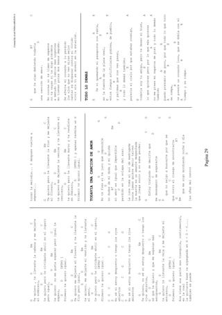 CreatedByeLmUNDOcABEZON©
Pagina29
GDEmC
Tequiero,tellevastelacabezaymedejaste
elsombrero,
GDEmC
tequieroperoteolvidasteabrilenelropero
peroigual,
GDEmC
tequieronomegustaesperarperoigualte
espero,
GDINTRO1
Primerotequieroigual.
GDEmC
Tequieromedejasteelfloreroytellevastela
florperoigual,
GDEmC
tequiero.medejasteelvestidoytellevaste
elamor,
GDEmC
tequieroperoteolvidasteabrilenelropero,
GDINTRO1
Primerotequieroigual.
CGCGCG
D
Nosésiestoydespiertootengolosojos
abiertos
CGCGCG
D
Nosésiestoydespiertootengolosojos
abiertos
GDEmC
Tequiero,nosésiestoydespiertootengolos
ojosabiertos,
GDEmC
séquetequieroyquemeesperanmás
aeropuertos,
GDEmC
tequierotellevastelavelaymedejasteel
entierro,
GDINTRO1
Primerotequieroigual.
Acavieneunapartemastranquila,instrumental,
enlacual
laguitarrabasevaarpegeadaenG-D-C....
tambiensepuede
tocarlamelodia...Ydespuesvuelvea
empezar...
GDEmC
Tequieroperotellevastelaflorymedejaste
elflorero,
GDEmC
tequieromedejastelacenizaytellevasteel
cenicero,
GDEmC
tequieroperotellevastemarzoyterendiste
enfebrero,
GDINTRO1yapenasterminaunG
Primerotequieroigual.
TODAVIAUNACANCIONDEAMOR
GDG
Notefíessitejuroqueimposible
GDG
nodudesdemidudaymiquizás
B7Em
elamoresigualqueimperdible
CD
perdidoenlasolapadelazar.
Lalunatomaelsoldemadrugada
nuncajamasquieredecirtalvez
lamuerteesunamantedespechada
quejuegasucioynosabeperder.
GCD
Estoytratandodedecirteque
CD
medesesperodeesperarte
GC
D
quenosalgoabuscarteporquese
CD
quecorroelriesgodeencontrarte
GB7
Em
quemesigomordiendonocheydía
D
lasuñasdelrencor
GB7C
quetesigodebiendotodavía
D
unacancióndeamor.
Nocorrassitellamoderepente
notevayassitedigopiérdete
amenudoloslabiosmasurgentes
motienenprisadosbesosdepués.
Seaferraelcorazónaloperdido
losojosquenovenmiranmejor
cantaresdispararcontraelolvido
vivirsintiesdormirenlaestación.
TODOLODEMAS
EAE
Teviquemandoelpasaporteconrabia,
AE
enlafuentedelaplazareal,
EAE
entrefuegosartificialespobres,depueblo,
A
ypalomasquenosvenpasar,
A
ytodolodemástambién;
EA
parecíaelcieloporqueestabasconmigo,
E
todavíasoytuamigo,perotedeseoelbien,
EA
loquequierasperoporloquemásquieras
AA
nomepisesmizapatosdepielytodolodemás
también
AE
puedopresumirdepoco,porquetodoloquetoco
ABE
serompe,
AE
tepresteuncorazónloco,quesedoblaconel
ABE
tiempoyserompe.
 