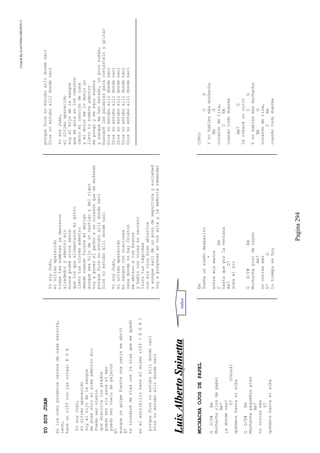 CreatedByeLmUNDOcABEZON©
Pagina294
YOSOYJUAN
enlosochoprimerosversosdecadaestrofa,
leon,
haceunriffconlasnotas:EGA
YosoyJuán,
elúltimoaparecido
soyelhijodelasangre
mepusesóloelalmaadentromio
Puedoserviento
queacaricialosprados
puedoserrioparaelmar
puedoservuelodepájaros
B7
aunqueungolpefuerteunazanjameabrió
B7
teinundaréderisaconlarisaquemequedó
enelestribillohaceelmismoriff(EGA)
porqueDiosnoestuboallídondenací
Diosnoestuboallídondenací
YosoyJuán,
elúltimoaparecido
todaslassombrasyadanzaron
alrededoryadentromío
nuncaprobéotrossenos
quelosquealimentaronmigrito
llevotusoloresadentro
desdecuandofuistemiabrigo
aunqueseahijodeuncastigoydelrigor
voyaponerelpechoauncorazónqueseenfermó
porqueDiosnoestuboallídondenací
Diosnoestuboallídondenací
YosoyJuán,
elúltimoaparecido
misangreconoraciones
rezadondenohayCristos
meabrazoatusbrazos
yhabloconvocesensecreto
llorotuslágrimas
conmisojosbienabiertos
yaunquesalídeunpozodesepulturaysuciedad
voyapregonarenvozaltaylamemoriaremendar
porqueDiosnoestuboallídondenací
Diosnoestuboallídondenací
YosoyJuán,
elúltimoaparecido
soyelhijodelasangre
quemeguíaenloscaminos
cantomicancióndecuna
yeldolormelodueloyo
llevotunombreadentro
mepongoymesacosueños
yaunquemehanmatado,unpoconomás,
buscarélaspalabrasparacontarteloygritar
Diosnoestuboallídondenací
Diosnoestuboallídondenací
Diosnoestuboallídondenací
Diosnoestuboallídondenací
Diosnoestuboallídondenací
LLuuiissAAllbbeerrttooSSppiinneettttaa
MUCHACHAOJOSDEPAPEL
GD/F#Em
Muchachaojosdepapel
Am7
¿adóndevas?
D7(Dsus4)
quédatehastaelalba
GD/F#Em
Muchachapequeñospies
Am7
nocorrasmás
D7
quédatehastaelalba
Em
Sueñaunsueñodespacito
*
entremismanos
CEm
hastaqueporlaventana
Am7D7
subaelsol
GD/F#Em
Muchachapielderayón
Am7
nocorrasmás
D7G
tutiempoeshoy
CORO:
CG
Ynohablesmásmuchacha
BbG
corazóndetiza,
CEm
cuandotododuerma
Am7G
terobaréuncolor
CG
Ynohablesmásmuchacha
BbG
corazóndetiza,
CEm
cuandotododuerma
indice
 