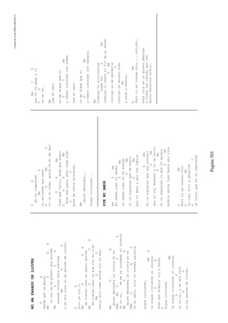 CreatedByeLmUNDOcABEZON©
Pagina303
NOHAPARADODELLOVER
DA
Desdequeteperdi
BmGDA
laluzsehapuestomuymojada
BmGDA
miradatristeestanublada
BmGD
yenmisojosnohaparadodellover.
DA
Soloyasinti
BmGDA
metienescomounperroherido
BmGDA
metienescomounavesinsunido
BmGD
estoysolocomoarenasinsumar.
BmGA
Quiendetendralalluviaenmi
F#mBmGDA
ohnono,semehainundadoelcorazon
BmGA
quiendetendralalluviaenmi
F#mGAD
ohmiamor,solotupuedespararla.
Siguelloviendo,
BmG
lesiguelloviendoalcorazon
DA
dimequediablosvoyahacer
D
Siguelloviendo
Bm
lesiguelloviendoalcorazon
GD
ohnono,yenmisojos
AD
nohaparadodellover.
DA
Notecomprendo
BmG
noentiendoquepaso
DABmG
siteditodo,quizatedidemas.
DABm
Dimequefalto,dimequesobro
GDABm
dimequepaso,perodimealgo
GD
puesmeestoymuriendo.
Bm
Quiendetendra...
Siguelloviendo...
OYEMIAMOR
EmDEm
Nosabescomotedeseo
DEm
nosabescomotehesoñado
DEm
situsupierasquememuero
DEm
portuamoryportuslabios
DEm
Situsupierasquesoysincero
DEm
queyosoyderechoynotefallo
DEm
situsupierasloquetequiero
DEm
podriadartetodohastamisojos
DEm
Perotuyatienesotro
DEm
untipofrioyaburrido
DC
untontoqueesunreprimido
EmCD
esonotepegaati
CD
noteva.
Em
Oyemiamor
nomedigasqueno
GDEm
yvamosjuntandolasalmas
oyemiamor
nomedigasqueno
GEm
yvamosjuntandoloscuerpos.
Em
Conmigotualucinarias
(comono)DEm
conmigotuhastaelfindeelmundo
DEm
contigoyomeperderia
D
contigoyoquierotodo
Em
ynadaamedias.
DEm
Perotuyatienesotro.....etc,etc.
Estarolaselaquierodedicar
atodaslaschavasqueles
gustahacernossufrir.
 