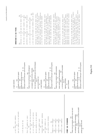 CreatedByeLmUNDOcABEZON©
Pagina310
Dm
yasícomotodocambia
G7
queyocambienoesextraño
CE7AmDmG7Am
C
Peronocambiamiamor
Em
pormaslejosquemeencuentre
Dm
nielrecuerdonieldolor
C
demipuebloydemigente
Loquecambióayer
Em
tendráquecambiarmañana
Dm
asícomocambioyo
G7
enestatierralejana
CEm
Cambiatodocambia
DmG7
Cambiatodocambia
CEm
Cambiatodocambia
DmG7
Cambiatodocambia
COMOLACIGARRA
DAm
Tantasvecesmemataron,tantasvecesmemorí
CG
sinembargoestoyaquíresucitando
F#mAm
graciasdoyaladesgraciayalamanoconpuñal
EmC
porquemematótanmal
D
yseguícantando.
GEm
Cantandoalsolcomolacigarra
F#mB7
despuésdeunañobajolatierra
EmAGAD
igualqueelsobrevivientequevuelvedelaguerra.
DAm
Tantasvecesmeborraron,tantasdesaparecí
CG
amipropioentierrofuísoloyllorando,
F#mAm
hiceunnudoenelpañueloperomeolvidédespués
EmC
quenoeralaúnicavez
D
yseguícantando.
GEm
Cantandoalsolcomolacigarra
F#mB7
despuésdeunañobajolatierra
EmAGAD
igualqueelsobrevivientequevuelvedelaguerra.
DAm
Tantasvecestemataron,tantasresucitarás
CG
tantasnochespasarásdesesperando,
F#mAm
yalahoradelnaufragioyladelaoscuridad
EmC
alguienterescatará
D
paraircantando.
GEm
Cantandoalsolcomolacigarra
F#mB7
despuésdeunañobajolatierra
EmAGAD
igualqueelsobrevivientequevuelvedelaguerra.
GRACIASALAVIDA
EmB7Em
Graciasalavidaquemehadadotanto
DG
medidoslucerosquecuandolosabro
B7Em
perfectodistingolonegrodelblanco
B7G
yenaltocielosufondoestellado
DB7Em
yenlasmultitudesalhombrequeyoamo
Graciasalavidaquemehadadotanto
mehadadoelcieloqueentodosuancho
grabanocheydiagrillosycanarios
martillos,turbinas,ladridos,chubascos
ylavoztantiernedemibienamado
Graciasalavidaquemehadadotanto
mehadadoelsonidoyelabecedario
conllaspalabrasquepiensoydeclaro
madreamigohermanoyluzalumbrando
lavitadelalmadelqueestoyamando
Graciasalavidaquemehadadotanto
mehadadolamarchademispiscansados
conellosauduveciudadesycharcos,
playaydesertos,montanasyllanos
ylacasatuya,tucalleytupatio
Graciasalavidaquemehadadotanto
medielcorazonqueagitasumano
quandomiroelfrutodelcerebroumano
quandomiroelbuenotanlejosdelmalo
quandomiroelfondodetusojosclaros
Graciasalavidaquemehadadotanto
mehadadolarisaymehadadoelllanto
asiyodistingodichadequebranto
losdosmaterialesqueformanmicanto
yelcantodetodosqueesmipropriocanto
Graciasalavidaquemehadadotanto
 