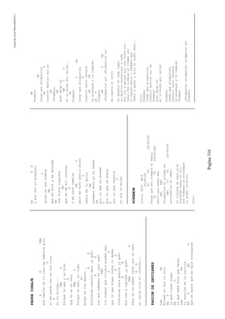 CreatedByeLmUNDOcABEZON©
Pagina316
PADRECORAJE
AEF#m
Quehablentelojuromeimportapoco
D
simepuedoverentusojos
E
entumirada...
F#mD
Porqueteamoysebien
A
quenoesenvano
F#mD
Porqueteamo,mivida,
E/
pongoentusmanos...
AE
Prohibidonuestroamor¿yqué?
AE
Losdossabemosél¿porqué?
F#m
lossueñosquevivimospuedenmas
DE
queloquedigantodoslodemás
AE
Prohibidaestapasión¿yqué?
AE
Nosvanalapidar¿yqué?
F#mD
Peoresnosabertenerporunamor
EA
encarnevivaelcorazón...
PASIONDEGAVILANES
LamDm
Mirameyosoylaotra
EmF
laquetienefuego
EmG
laquesabebienquehacer
LamDm
tusonrisaeslacaricia
EmFEmG
quememuevequemehaceenloquecer
DmFG
yporesoyopregunto
C
quienesesehombre
Am
quememiraymedesnuda
Dm
unafierainquieta
Em
quemedamilvueltas
F
ymehacetemblar
EmG
peromehacesentirmujer
C
nadiemeloquita
Am
siempresereyosudueña
Dm
porlaquenoduerme
F
porlaquesemuere
G
porlaquerespira
C
yosoysumujer
POKEMON
Intro:Gm-FGm-F
D5-F5-G5
G5F5D5-F5-G5
Tengoquesersiempreelmejor
G5F5F5-C5-D#5
mejorquenadiemás
D#5A#5
atraparlosmipruebaes
A#5C5D5D5-F5-G5
entrenarlosmiideal.
Yoviajaredeaquíallá
buscandohastaelfin.
ohhPokémonyoentenderé
tupoderinterior.
Coro:
D#
Pokémon
A#
tengoqueatraparlos,
D#F
nuestrodestinoasíes
D#
(Pokémon)
A#
granamigoes
A#CD
enunmundoporsalvar.
D#
Pokémon
FGm
tengoqueatraparlos,
F
nuestrovalorvencerá
D#A#
teenseñaréytútambién
GmF
Pokémon
D#FGm
¡Atráparlosya!¡Atráparlosya!
Serepiteelintro
Undesafioencadalugar
undestinoencontraraycada
diavoyapelearporunaluchasin
igual.Venconmigoaltiemposoy
unequipomejorysabemosque
vamosaganarysolounsueñosera...
Coro:
Pokémon
tengoqueatraparlos,
nuestrodestinoasíes
Pokémon
granamigoes
enunmundoporsalvar
Pokémon
tengoqueatraparlos,
nuestrovalorvencerá
teenseñaréytútambién
Pokémon
¡Atrápalos,atrápalos,atrápalosya!
Pokémon
 