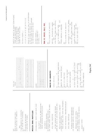 CreatedByeLmUNDOcABEZON©
Pagina344
LAº
Seráelpropiobuendios
quientocaasieltambior.
MIm
Yqueahuyentasuclientela
ylaafligecontristezas.
DO
Pilchitasdepoliéster
ysantidaddevirgen.
MUSICAPARAPASTILLAS
Introducción:[Riff1]x4-[Riff2]x3
ConRiff1
FlacasgimnastasdeAmérica-a-as.
SecasausterasSoviética-a-as.
ConRiff2
Muchachitasfatales,
enblancossoqueteschinos,
sontodasjoyas,Patriciasdeamor.
SoloSaxo[Riff1]x2
Lamáshermosaniñadelmundo
pudedarsololoquetieneparadar.
Músicaparapastillas,¡rápido!
ymuchacuchillería.
Paramiamor,estoestámuyShanghai.
SolodeGuitarra:[MIm-RE-SIm-DO]x4
SoloSaxo[Riff1]x2
Rockerosbonitoseducaditos,
congrandesgastos,educaditos.
Enboqueneltirolibre,
quelosbuenosvolvieron
yestánrodando,cinedeterror.
Final:Riff1
RIFF1
Soloen
intro
E--------|---------------------------------|
B--------|---------------------------------|
G--------|----------------5--4-2-----------|
D----2-4-|-5-4-2--5--4-2----------5--4-2-0-|
A--3-----|---------------------------------|
E--------|---------------------------------|
E----------------------------------|
B--5-7-8-5~-7-8-5-5-7-8-5~-7-8-----|
G----------------------------------|
D----------------------------------|
A----------------------------------|
E----------------------------------|
RIFF2
E-----------|--7~--5-------------|
B-----------|---------8-7-5-7-8--|
G--5-5-4-5--|--------------------|
D--5-5-4-5--|--------------------|
A--3-3-2-3--|--------------------|
E-----------|--------------------|
NADIEESPERFECTO
Intro:AEDA
AE
Untipoespecialestesuper-boca
DA
expertodelre-mundoactual
A
quizoiraNewYork
E
(quizoiralasseries)
DA
quizodeslizarpatés
DA
LehizoCrack!elhuesoalfinal
DA
queruidoCrack!hastaastillar
DAF#
lehicocrack!elhuesoalfinal
BmEE
nuncanadaespecial
Cañitodemetaldeacerocromo-ñiquel
(todaunaoportunidad)
yanuestroheroefiel
unexpilardeRugby
jarabedelanucauntó
Lehizocrack!...
[CGFC]x2[FC]x3[AFGCG]
Ahoraeltipoarropacomounbolchevique
yconlasogaalcuellova
Unviejolimonlebancalaparada
(eldelbisnesyanoesel)
Lehizocrack!...
Untipoespecial!
Lehizo......
ÑANFIFRUFIFALIFRU
MI
Voyacuidardemiamorcito
queestborrachapordemás,
LA7MI
otravezmellamanenedoctor,
SI7
yonolacambiopornada
LA7MISI7
cuandoempiezaacabalgar
MI
Voyacuidardemiamorcito
quemordióelvidriopordemás,
LA7MI
otravezmellamanenesifón
SI7
cuandomemuerdealocada
LA7MISI7
ñanfifrufifalifru
 