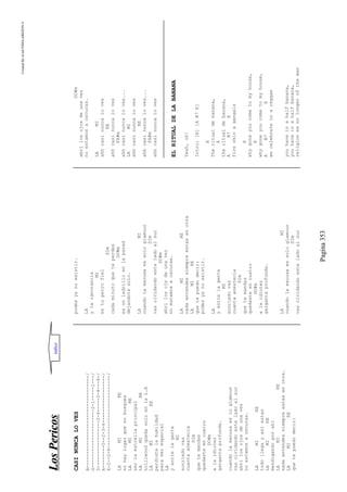 CreatedByeLmUNDOcABEZON©
Pagina353
LLoossPPeerriiccooss
CASINUNCALOVES
B---------------------------------/
G---------------------2-1-----1---/
D-----------------2-4-----2-4---4-/
A--------0--2-3-4-----------------/
E-2--2-4--------------------------/
LAMIRE
nohaylugarquenobusques
LAMIRE
serlaestrellaprincipal
LAMIRE
holliwoodquedasoloenlaL.A
LAMIRE
perdistelahumildad
paraserespecial
LA
yentrelagente
MI
sonriedovas
cuantaanestecia
SIm
quetemandas
quedasteencuatro
DO#m
alaidiotez
gargantaprofunda.
cuandolaexcusaesloglamour
vasolvidandoesteladoalsur
abrilosojosdeunavez
noestamosaoscuras.
LAMIRE
todollegayasíestas
LAMIRE
mendigandoporahí
LAMIRE
nadaentendessiempreestasenotra.
LAMIRE
quetepuedodecir:
podesyanoexistir.
LA
ylaignorancia
MI
estuperrofiel
SIm
cadaminutoqueteperdes
DO#m
esunladrilloenlapared
dejandotesolo.
LAMI
cuandolaexcusaessologlamour
SIm
vasolvidandoesteladoalsur
DO#m
abrilosojsdeunavez
noestamosaoscuras.
LAMIRE
nadaentendessiempreestasenotra
LAMIRE
quetepuedodecir:
podesyanoexistir.
LA
yentrelagente
MI
sonriedovas
cuantaanestecia
SIm
quetemandas
quedasteencuatro
DO#m
alaidiotez
gargantaprofunda.
LAMI
cuandolaexcusaessologlamour
SIm
vasolvidandoesteladoalsur
DO#m
abrilosojosdeunavez
noestamosaoscuras.
LAMI
ahhcasinuncaloves
RE
ahhcasinuncaloves
FA#m
ahhcasinuncaloves...
LAMI
ahhcasinuncaloves
RE
ahhcasinuncaloves...
FA#m
ahhcasinuncaloves
ELRITUALDELABANANA
Yeah,uh!
Intro:[E][AB7E]
E
Theritualdebanana,
E
theritualdebanana,
AB7E
fireskinagangals
E
whygoneyoucometomyhouse,
E
whygoneyoucometomyhouse,
AB7E
wecelebrateinareggae
youhaveinahalfbanana,
youhaveinahalfbanana,
religionesnolongeroftheman
indice
 