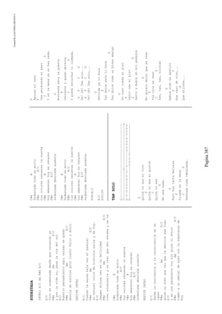 CreatedByeLmUNDOcABEZON©
Pagina387
SUDESTADA
INTRO:E/CAmF#mE/C
E/C
Vivoensudestadadesdequerecuerdoyo
F#mAmE/C
yporlavidano,pasalaviadelsol
E/C
Nuestropensamientoaquivaradosequedo
F#mAmE/C
mezcladesonrisagrisllantofelizydolor
REPITEINTRO
E/C
Cuandolamareabajavezelbasural
F#mAmE/C
unnaturalcolordehistoriasuciaydehoy.
E/C
Imagendifusaveoenlafelicidad
F#mAmE/C
creoalcanzarlaynocreiqueahiestabayseva
C#mB
Sudestadatodosemovio
F#mE/C
tuscoloresrenuevanlasuerte
C#mB
hoyamanecerhoyesrenacer
F#mE/C
sudestadadesoladaausente
REPITEINTRO
E/C
Desdelaconcienciaylainconcienciaseve
igual
F#mAmE/C
quiennosoñounavezquelaemocionseatodo
E/C
yenunapendientevoysinguiasnimotor
F#mAmE/C
rumboaunumbraldeayerconlaesperanzade
hoy
C#mB
Sudestadatodosemovio
F#mE/C
tuscoloresrenuevanlasuerte
C#mB
hoyamanecerhoyesrenacer
F#mE/C
sudestadadesoladaausente
C#mB
Sudestadatodosemovio
F#mE/C
tuscoloresrenuevanlasuerte
C#mB
hoyamanecerhoyesrenacer
F#mE/C
sudestadadesoladaausente
FIN:E/C
E/C
X32100
TANSOLO
G|---------------------------------------------------
D|-------------------5------------------------------4
A|-5--5-0-0-5-4-3--3---3----------2-2-3-4-5--5-0-0-5-
E|----------------------5-4-3--3---------------------
G
Quizánoseaelvino
F
Quizánoseaelpostre
C
Quizánosea
G
Noseanada.
G
Perohaytantabelleza
F
Tiradaenlamesa
CG
Desnudatodarebalsada.
G
Apuraselvaso
F
Vasperdiendoelpaso
CG
Yenlamesayanohaynada.
G
Borrachaestalapuerta
F
Cerrasteyquedoabierta
CG
Ypuedoescuchartullamada.
GFCG
Oh!Oh!Tansolo...
GFCG
Oh!Oh!Tansolo...
G
Servidayatuboca
F
Tandulceestatuboca
CG
Tandulcecomounbluesamargo
G
Unvasoruedaalpiso
F
Lentocaealpiso
CG
Lentoymuereenmilpedazos
G
Noquierodejarquesevean
F
Tusojossevean
CG
Tan,tan,tan,tristes
G
Habrásidoesdestino
FC
Esevasodevino...
G
Quedijiste...
 