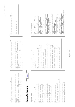 CreatedByeLmUNDOcABEZON©
Pagina410
CAm
Lalunaymisuerte,rompieronelencanto
C
Am
perdímisueñoenlanochequeelángelsehizo
diablo.
DmAm
Unpardeojosnegrostepuedenrobarlailusión
DmE
ynohaycuraniremedioquetehagavermejor.
CAm
Enunrincóndelassierrasdondeardenlas
estrellas,
CAm
dejémiheridaabiertaenunvalledepenas.
DmAm
Casisindartecuentasetepuedeenfermarel
corazón,
DmE
cuandounomenosloespera,elvenenoyaestáen
tusvenas.
CAm
lalalaralalalaralalalahala
Solo
Solodesaxo(CAmx4)
RRiiccaarrddooAArrjjoonnaa
AMORDETELE
AmF
amolacosturadetufalda
GC
amolaestructuradetuespalda
AmF
amoloquevesyloquetocas
GC
amoloquenoesyloprovocas
FGC
amotufrialdadantelavida
FGC
amotuverdadaunqueesmentira
FGC
amomuchomasquetubelleza
FGC
amositevasosiregresas
E7
AmF
amolacicatrizenturodilla
GC
yeselunargrisentubarbilla
FGC
sinofueraporqueestasmetidaadentro
FGC
deuntelevisordeseisasiete
FGC
tedirialoquesientopordentro
FGC
cadaquetebesaunmequetrefe
E7-Am-F-G-C
AmF
Ayertevideprisayfueenvivo
GC
descubriquetusonrisaeradearchivo
AmF
fuitrasdetiparatocarte
GC
yloqueconseguifueenfadarte
FGC
Descubrioqueeraficticioellunargris
FGC
mientrastumbabaslapuertaenminariz
FGC
tendrequeconformarmedeseisasiete
FGC
consoñarquesoyyoesemequetrefe
FGAm
meenamoredelpapeldeunanovela
FGAm
sequetunoexistesymedoypena
ANIMALNOCTURNO
SolMSIm7Mim
Elserunanimalnocturnoeraunabellarutina
DoMReM
conquistarachicasdeljet-setomujerzuelas
SolMSimMIm
deesquina,siesquenosonlamismacosa
DoMSolMDoM
condiferenciadeprecio
SolMSim7MIm
entraraalgúnbarsinconoceryquemeconozcan
DoMReMSolM
entonarunacanciónyesperareltragodecortesía
SimMimDoMSolMDoM
quesiemprevenía,eramifilosofía
SolMSIm7
hastaqueunproductor,segúnél,mehizoelfavor
MimDo9
degrabarmeundiscouooo
SolMSiM7MIm
ymetiólainspiraciónenunacomputadora
DoMReMRe13ReMSOLDoM
yaquelfuegodelibertad,enrefrigeradora
SolMSim7MIm
medijeronquítateesosjeansyesacamisavaquera
DoMReMSolM
tendremosquecambiarteellookpuesesenadieloaprueba
indice
 