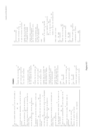 CreatedByeLmUNDOcABEZON©
Pagina413
BbF
aversicuandoestensolosyyanoestepapiy
mami
EbBbAb
F
alahoradeestardesnudos,lossalvaelseñor
Versace
BbF
chicosdeplástico,chicosdeplástico
EbAbF
cadaovejabuscasuparejayseconstruyesu
propiareja
BbF
chicosdeplástico,chicosdeplástico
EbAb
F
suamarguralapintandealegriayvivenuna
pesadilla
GmEb
entreesostrajesdelujoyesetanextraño
hablado
GmF
conesegraninflujoqueelnortelehaheredado
BbF
chicosdeplástico,chicosdeplástico
EbAb
F
cadaovejabuscasuparejayseconstruyensu
propiareja
Bb
chicosdeplástico.
BbF
noesqueestemaloestarbien,siesquetute
lohasganado
EbBbAbF
lomaloesirpresumiendoloquetupapiteha
dado
BbF
cuidadoqueentrelaseda,tambiencabeun
papanatas
EbBb
cuidadoqueelcaviar
AbF
tambienlegustalasratas
chicosdeplástico...(serepite)
CUANDO
CG
Cuandofuelaúltimavez
Am
quevistelasestrellas
FD7G
conlosojoscerrados
Yteaferrastecomo
unnáufragoalaorilla
delasespaldadealguién
E7Am
Cuandofuelaúltimavez
F
quesetefueelamor
D7G
pornodejarlolibre
Cuandofuelaultimavez
quetebesarontanto
quedijistgeminombre
Cuandoteganóelorgullo
yescogisteelllanto
pornoperdonarme
Cuandofuelaúltimavez
queunsimpledejaVu
mellevóhastatusbrazos
CORO
CGAm
Cuá-aaaando
FD7
cuándofuelaúltimavez
G
quetequisierontanto
CGAm
Cuá-aaaando
FD7
cuándoteganóelorgullo
G
yescogisteelllanto
E7Am
Cuá-a-a-a-a-ando
FD7
cuándovolverásaser
FGC
loquenofuistenu-u-unca
Cuándofuelaúltimavez
quetesentistesola
yllegasteaodiarme
Cuándollegoaconvencerte
elmalditodespecho
queunclavosacaaotro
Cuandoolvidasteque
elcasonoesentenderse
sinoqueaceptarse
CORO
AmEm
PUENTE:Sisesanótuherida
FC
borratambiéntucicatriz
AmEm
ysiundíanosvemos
FGG#
hazmeelfavordecontesta-a-ar
CORO:sube1/2tono
C#G#A#m
Cuá-aaaando
F#D#7
cuándofuelaúltimavez
G#
quetequisierontanto
C#G#A#m
Cuá-aaaando
F#D#7
cuándoteganóelorgullo
G#
yescogisteelllanto
F7A#m
Cuá-a-a-a-a-ando
 