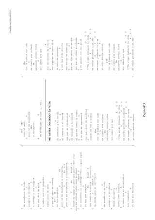 CreatedByeLmUNDOcABEZON©
Pagina423
GD
Meenseñastedetodo
C
exceptoaolvidarte
GD
aconvertirunacaricia
C
enunaobradearte,
GD
asaberquelosabogados
C
sabenpocodeamor
G
yqueelamorsecohibe
B7Em
enlosjuzgados,
CDEm
peronomeenseñasteaolvidarte,
CDEmDG
peronomeenseñasteaolvidaaaarte.
CDBmEsus4E
Dondeseapagaelamorqueque----do?(los
acordesentransobreesassilibas)
CDEsus4E
Noencuentroelinterrup---tor.(igualaqui)
CD
Sihayqueaceptar
BmEsus4E
quenuestrahistoriavo-----lo,
CDEsus4E
Dedondesacoelva----lor?
AE
Meenseñastedetodo
D
exceptoaolvidarte
AE
desdefilosofia
D
hastacomotocarte,
AE
asaberqueelafrodisiaco
D
mascumplidor
A
nosonlosmariscos
C#7F#m
sinoelamor,
DE
peronomeenseñaste
F#m
aolvidarte.
AE
Meenseñastedetodo...etc.
MEESTANJODIENDOLAVIDA
A
Elcontadoryelservil
GA
elusureroyeltransa
esepardecolumnistas
GA
elabogadoylasuegra
elquemecobralarenta
GA
ylaquemerepresenta
losquevivendemordidas
GA
cuandosevanaacabar
F#m
Conlabasuraaunlado
G
mesientoesesoldado
Bm
peleandocontratodos
E
sinsaberporque
AGD
//*Meestánjodiendolavida
EAGD
meestánponiendoapelear
EAGD
meestánjodiendolavida
EA
yosoloqueríacantar
F#m
Conlabasuraaunlado
G
mesientoesesoldado
Bm
peleandocontratodos
E
sinsaberporque
A
Loscriticonesdeoficio
GA
losyuppiesdepacotilla
lamalditaeconomía
GA
yunoqueotropolicía
esemontóndeenemigos
GA
quesedisfrazandeamigos
lasquesecreenpuritanas
GA
ysequedanconlasganas
AGD
//*Meestánjodiendolavida
EAGD
meestánponiendoapelear
DAGD
meestánjodiendolavida
EA
yosoloqueríacantar
F#m
Conlabasuraaunlado
G
mesientoesesoldado
Bm
peleandocontratodos
E
sinsaberporque
AGD
//*Meestánjodiendolavida
EAGD
meestánponiendoapelear
 