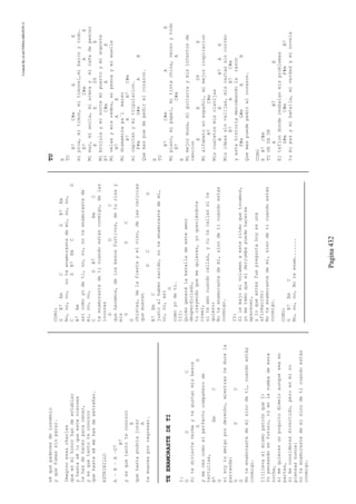 CreatedByeLmUNDOcABEZON©
Pagina432
séquepadecesdeinsomnio
yquefumassinparar.
Imaginoesascharlas
queenmihonorhandeentablar
yhastaséloqueesteviernes
lehasdehacerparacenar,
yesquetantoteconozco
quehastasémehasdeextrañar.
ESTRIBILLO
A–B–A–D7
B7
yesquetantoteconozco
E
quehastapodríajurar
A
temueresporregresar.
TEENAMORASTEDETI
I:
GDC
Sitediviertevermeytegustanmisbesos
GD
ymevescomoelperfectocompañerode
tertulias,
B7EmC
G
sisoytuamigoporderecho,mientrastedurela
parranda:
GDC
G
Noteenamorastedemisinodeti,cuandoestás
conmigo.
II(llevaelmismopatrónqueI)
Yopensandoenfuturo,túenlarumbadeesta
noche,
simequieresunpoquitodímeloaunqueseaen
partes,
simeconsiderasdivertido,peroenmino
piensasnunca:
noteenamorastedemisinodeticuandoestás
conmigo.
CORO:
GB7EmCGB7Em
No,no,no,noteenamorastedemi,no,no,
CGB7EmCG
B7Em
asícomoyodeti,no,no,noteenamorastede
mi,no,no,
CGB7EmC
teenamorastedeticuandoestásconmigo,delas
locuras
GDC
quehacemos,delosbesosfurtivos,deturisay
mis
GDC
G
chistes,delafiestayelvino,delascaricias
quemueren
DCG
B7EmC
justoalhabernacido,noteenamorastedemí,
no,no,así
G
comoyodeti.
III:
Quiénganarálabatalladeesteamor
desperdiciado,
tucreyendoquemequieres,yoqueriéndote
creer,
siteamocuandocallas,ytutecallassite
quiero:
Noteenamorastedemí,sinodeticuandoestas
conmigo.
IV:
Silebajoelvolumenaesteritmoquetocamos,
yometemoqueelderrumbepuedehacerse
aparecer,
yloqueantesfuepreguntahoyesuna
afirmación:
Noteenamorastedemí,sinodeticuandoestás
conmigo.
CORO:
GB7EmC
No,no,no,Noteenam.......
TU
E
TU
B7C#mAE
miproa,mitimon,mitimonel,mibarcoytodo.
B7C#mAE
Mimar,miancla,miarenaymicañadepescar
AED9E
Mibrujulayminortemipuertoymisoporte
B7C#mAE
Mivelasymisredes,mipescaymimuelle
B7AE
Midramaminapa`lmareo
B7AB7C#m
micapitanymitripulacion.
F#mG#mAB
Quemaspuedepedirelcorazon.
E
TU
B7C#mAE
Mipiano,mipapel,mitintachina,versoytodo
B7C#mA
E
Mimejormusa,miguitarraymisintentosde
cancion
AED9E
Mialfabetoenespañol,mimejorinspiracion
B7C#m
Miscuatetosmisclavijas
AEB7AE
Misideassinvalijas,miscartassincorreo
B7AB7C#m
yestahistoriamerodeandolarazon
F#mG#mAB
Quemaspuedepedirelcorazon.
CORO
EB7C#m
TUUHUHUH
AB7E
Elteflondonderesbalanmisproblemas
G#mC#mF#mB7
tumipazymibatalla,miverdadyminovela
 