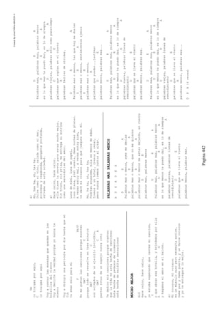 CreatedByeLmUNDOcABEZON©
Pagina442
Gm
lotraigasporaqui,
C
lotraigasporaqui
Voyacontarlasmonedasquequedanenlos
bolsillosdelviento
Voyadecirtelaverdadporqueyonuncate
miento
Voyadirigirunapeliculapordiahastaqueal
fin
tuseassoloparami
FBb/F
Nomegustanlascancionesporquemienten
Gm7C
porquetodoseresuelveentresminutos
Gm7C
sonsoldadosdeunejercitoinvisible,
Gm7CA
partesrotasdeunespejonuncaroto
Tededicomiscancionesporquesientes
quelavidanoestahechadecanciones
Estahechadepedazosdetormenta
estahechademalditassensaciones
MUCHOMEJOR
A)G
Hacecalor,hacecalor,
F
yoestabaesperandoquecantesmicancion,
C
yqueabrasesabotella,ybrindemosporella
DG
yhagamoselamorenelbalcon.
a)
Micorazon,micorazon
esunmúsculosanoperonecesitaaccion.
Damepazydameguerra,yundulcecolocon
yyoteentregarelomejor.
a)
Ah,haaha,ah,haaha,
Dulcecomoelvino,saladacomoelmar,
princesayvagabunda,gargantaprofunda,
sálvamedeestasoledad.
a)
Hacecalor,hacecalor,
ellatienelarecetaparaestarmuchomejor.
Sintruco,sinprisa,meentregasusonrisa
comounasacerdotisadelamor.
Lunademiel,lunadepapel,
lunallena,pielcanela,damenochesdeplacer.
Avecesestoymal,avecesestoybien,
tedarémicorazonparaquejueguesconél.
Ah,haha,ah,haaha,
Podríanacusarme,ellaesmenordeedad.
Iremosaunhotel,iremosacenar,
peronuncairemosjuntosalaltar.
PALABRASMASPALABRASMENOS
ADEADEA
DEA
Palabrasmasomenos,ayermedecías
DEA
palabrasmasomenos,quenomequieres
DEA
palabrasmasomenosmeestasdejando,encueros
DE
palabrasmas,palabrasmenos
DEA
Palabrasmas,palabrasmas,palabrasmenos
DEA
esloquemenostepuedodar,eslodesiempre
DEA
palabrasnuevas,palabrasllenasde
remordimiento
DE
palabrasquesellevaelviento
A
palabrasmenos,palabrasmas.
DEA
Palabrasmas,palabrasmas,palabrasmenos
DEA
esloquemastepuedodar,eslodesiempre
DEA
palabrasviejas,palabrassólocomopasatiempo
DE
palabrasquesoplanenelviento
A
palabrasfácilesdeolvidar.
DEA
Palabrasmasomenos,lasquehoymeduelen
DEA
palabrasmasomenos,sentimientosajenos
DE
palabrasmasomenos,
A
palabrasquepueden...lastimar
DE
palabrasmenos,palabrasmas...
DEA
Palabrasmas,palabrasmas,palabrasmenos
DEA
esloquemenostepuedodar,eslodesiempre
DEA
palabrasnuevas,palabrasllenasde
remordimiento
DE
palabrasquesellevaelviento
A
palabrasmenos,palabrasmas.
DEA
Palabrasmas,palabrasmas,palabrasmenos
DEA
esloquemenostepuedodar,eslodesiempre
DEA
palabrasviejas,palabrasllenasde
remordimiento
DE
palabrasquesellevaelviento
A
palabrasmenos,palabrasmas...
DEA(4veces)
 