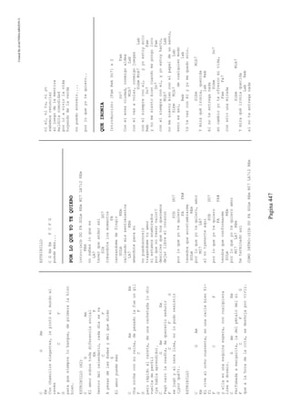 CreatedByeLmUNDOcABEZON©
Pagina447
CGAm
Em
Conchamulloselegantes,lepintóelmundoal
revés
FCF
G
paraquesiemprelobanque,deprimeralahizo
bien.
ESTRIBILLO(X2)
CGAm
Elamorsobretodadiferenciasocial
EmF
Dentrodelcalendario,cadadíaseva
CF
Apesardelasdudasydelquedirán
G
Elamorpuedemás
CGAmEm
Unanocheconsureina,depesadolafueungil
FCF
G
perorápidoalcareta,deunacachetadalodio
vueltadeperfil
(yahabíaaprendido).
CGAmEm
Pagócarolaosadía,dequererloseducir
FCFG
sejugóyalcaralisa,nolopudoresistir
(¿porqué?).
ESTRIBILLO
CGAm
Em
Elvivealochocuarenta,enunacallebienfi-
fí
FCF
G
yellaenunaesquinaespera,concualquiera
irseadormir.
CGAmEm
Perfumadaamargarita,ladelpétalodelsí
FCFG
quealahoradelacita,sedeshojaporvivir.
ESTRIBILLO
CGAmEmFCFG
puedemás...
PORLOQUEYOTEQUIERO
intro:(sibDOFASOLmREmMI7LA7)2REm
REm
nosabesloquees
LA7
tenerqueandarasi
SIbDO7
robandotelosmomentos
FA
cansandomedefingir
SOLmREm
callandomissentimientos
LA7REm
amandoteparami
nopuedosonreir
tragandometuamor
siestamosenamorados
porquenotenervalor?
desirlesquenosqueremos
dejarlibreelcorazon
SIbDO7
porloqueyotequiero
FAFA#
tenedrequeacostumbrarme
SOLmREm
porloqueyotequiero,amor
MI7LA7
alnotyenerteaqui
SObDO7
porloqueyotequiero
FAFA#
tendrequeconformarme
SOLmREm
porloqueyotequieroamor
MI7LA7REm
heterminadoasi
COMOINTRO:(SIbDOFASOLmREmMI7LA7)2REm
niel,nitu,niyo
sabemosrenunciar
aljuegodelamentira
malditacomodidad
poriravivirlavida
huyendodelaverda
nopuedosonreir....
porloqueyotequiero..
QUEIRONIA
Introducción:[FamRebDo7]x2
Do7Fam
Coneleresciudad,conmigoaldea
Mib7Lab
conelvasavolar,conmigojuegas
SibmMib7Lab
conelsiempreconel,yyoestoysolo
RebDo7Fam
ynomesientobiencuandomepongoloco
Do7Fam
conelsiempreconel,yyoestoyharto,
Mib7Lab
nomesientobienconelpapeldeunsanto,
SibmMib7Lab
estoesasi,decualquiermodo
Reblab
tútevasconélyyomequedosolo.
SibmMib7
Ymiraquéironía,querida
labReb
élnoteentreganada
SibmDo7
encambioyoteofrezcomivida,
FamFa7
consólounamirada
SibmMib7
Ymiraquéironíaquerida
LabReb
elnoteentreganada
 