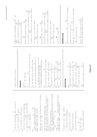 CreatedByeLmUNDOcABEZON©
Pagina45
GD
Ymefuiencerrando,masymasenmi
GBm
ymefuicansandodesentir
GD
nolebusquesunaexplicacion
F#
esmidiafatalista,nopreguntes
BmGF#
yosoloquierodormir,unaeternidad
BmGF#
ysoñar,ynodespertar
BmGF#
Sweetdreamsaremadeofthis
sweetdreamsaremadeofthis
sweetdreamsaremadeofthis
(Ahoravanlosmismosacordesqueenlaprimera
estrofaBm-G-F#)
Todoelmundoestabuscandoalgo
algoquenosliberedeprejuicioyfrustracion
quenoscontagieelvirusdesembrarbuena
intencion
Nuestrobrilloseextingue
somoscomoCABALLOSQUEMUERENPOTROSSIGALOPAR
-->(VAMOSINDIO!!=)
BmGF#
GF#
ABRILLARMIAMOR,VAMOSABRILLARMIAMOR
ABRILLARMIAMOR,VAMOSABRILLAR!!!
GD
Porqueelnuevosiglocomenzo
GBm
yseguimosenfrentandonos:
GD
discucionessinmotivo,
F#
religionessinsentido
¿comopodremossobrevivir?
DAm
Noseastancruel
EmBm
nobusquesmaspretextos
(repitehastaelfinal)
REBELDE
Intro:
BmGF#F#-G-F#
BmEm
Yosoyrebeldeporqueelmundomehizoasí
AD
Porquenadiemehatratadoconamor
GE
Porquenadiemehaqueridonuncaami.
Yosoyrebeldeporquesiempresinrazón
Menegaronelcariñoquepedí
Ymedieronsolamenteincomprensión.
BmEm
Yyoquisierasercomoelniñoaquel
AD
Comoelhombreaquelqueesfeliz
BmEm
Yquisieradarloquehayenmi
AD
todoacambiodeunailusión
BmEmF#Bm
Ycantaryreíryolvidarmidolor
BmEmF#Bm
Ycantaryreíryolvidareldolor.
RESISTIRE
F#mBm
Cuandopierdatodaslaspartidas
EA
cuandoduermaconlasoledadC#7
F#mBm
cuandosemecierrenlassalidas
C#7F#m
ylanochenomedejeenpaz.
F#mBm
Cuandosientamiedodelsilencio
EA
cuandocuestemantenerseenpieC#7
F#mBm
cuandoserebelenlosrecuerdos
C#7F#m
ymepongancontralapared.
F#mBm
Resistiréerguidofrenteatodos
EAC#7
mevolverédehierroparaendurecerlapiel
F#mC#7
yaunquelosvientosdelavidasoplenfuerte
soycomoeljuncoquesedobla
F#m
perosiempresigueenpie.
F#mBm
Resistiréparaseguirviviendo
EAC#7
soportarélosgolpesyjamásmerendiré
F#mC#7
yaunquelossueñossemerompanenpedazos
soycomoeljuncoquesedobla
F#m
perosiempresigueenpie.
F#mC#7
Resistiré,resistiré...
SETENTISTAS
'EBC#m
'Hastaquenotepaseavos,novasaentender,
A
siempreasí,tanegoista
EBC#m
Hastaquenotepaseavos,novasaentender,
AB
clásicoindividualista
AEB
Decidoquenotequieroescuchar,
decidonoformarparteentuplan.
 