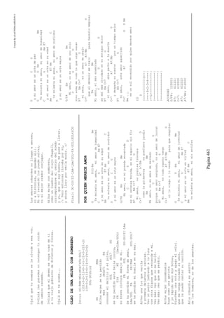CreatedByeLmUNDOcABEZON©
Pagina461
Ojaláquetunombreseleolvideaesavoz.
2>Ojalálasparedesnoretenganturuido
decaminocansado.
3>Ojaláqueeldeseosevayatrasdetí
atuviejogobiernodedifuntosyflores.
Ojaláseteacabe...
OLEODEUNAMUJERCONSOMBRERO
Intro:DO·REM·MIm(MIm7)FA·SOL7
(III-0-2-II-0-I-1-II-0-III-2)
(IV-0-2-III-0-II-0-IV-2-0)
SOL·DO(bis)
DOREm
A)Unamujersehaperdido
MIm(MIm7)FA
conocereldelirioyelpolvo,
SOLSOL7DO
sehaperdidoestabellalocura,
FASIdMILAm(LAm/SOL)
subrevecinturadebajodemí.
FASOLDO·DO/SI·LAm
Sehaperdidomiformadeamar,
LAm/SOLFARE/FA#SOL·SOL7
sehaperdidomihuellaensumar.
A)Veounaluzquevacila
yprometedejarnosaoscuras.
Veounperroladrandoalaluna
conotrafiguraquerecuerdaamí.
Veomás:veoquenomehalló.
Veomás:veoqueseperdió.
A)Unamujerinnombrable
huyecomounagaviota
yyorápidosecomisbotas,
blasfemounanotayapagoelreloj.
Quemetengacuidadoelamor,
quelepuedocantarsucanción.
A)Lacobardíaesasunto
deloshombres,nodelosamantes.
Losamorescobardesnolleganaamores,
niahistorias,sequedanallí.
Nielrecuerdolospuedesalvar,
nielmejororadorconjugar.
A)Unamujerconsombrero,
comouncuadrodelviejoChagall,
corrompiéndosealcentrodelmiedo
yyo,quenosoybueno,mepuseallorar.
/:Peroentoncesllorabapormí,
yahoralloroporverlamorir.:/
Final:DO·DO/SI·LAm·LAm/SOL·FA·SOL(SOL4)DO
PORQUIENMERECEAMOR
GD(1)EmBm
Temolestamiamor,miamordehumanidad
CGAmE7
ymiamoresunarteensuedad
AmE7AmC
temolestamiamor,miamordesurtidor
DCG
ymiamoresunartemayor
G/F#EmBm
Miamor,esmiprendaencantada
CGD
esmiextensamorada,esmiespaciosinfin
B7EmC+7G
Miamor,noprecisafrontera
C+7A7A7/BbD
comolaprimaveranoprefierejardín
EmBm
Miamor,noesamordemercado
CGD
porqueunamorsangrado,noesamordelucrar
B7EmC+7G
Miamor,estodocuantotengo
C+7A7A7/BbD
siloniegoolovendoparaquerespirar
GDEmBm
Temolestamiamor,miamordejuventud
CGAmE7
ymiamoresunarteenvirtud
AmE7AmC
temolestamiamor,misinantifaz
DCG
ymiamoresunartedepaz
GDEmBm
Temolestamiamor,miamordehumanidad
CGAmE7
ymiamoresunarteensuedad
AmE7AmC
temolestamiamor,miamordesurtidor
DCG
ymiamoresunartemayor
G/F#EmBm
Miamor,noesamordeunosolo
CGD
sinoalmadetodoloqueurgesanar
B7EmC+7G
miamor,esunamordeabajo
C+7A7A7/BbD
queeldevenirmetrajoparahacerloempinar
EmBm
Miamor,elmásenamorado
CGD
esdelmásolvidadoensuantiguodolor
B7EmC+7G
miamor,abrepechoalamuerte
C+7A7A7/BbD
ydespeñasusuerteporuntiempomejor
B7EmC+7G
miamor,esteamoraguerrido
C+7A7GDEm
Bm...
esunsolencendidoporquienmereceamor
(1)
D
|------------0--|
|----3-2-3-4----|
|--2------------|
|---------------|
|---------------|
|---------------|
ACORDES
G/F#:220003
B7:X21201
C+7:X32000
A7:X02020
A7/Bb:X12020
 