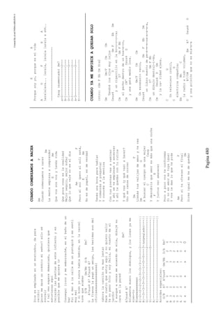 CreatedByeLmUNDOcABEZON©
Pagina480
Diosesempleadoenunmostrador,dapara
recibir
Quienmedaráuncréditomiseñor?sólosé
sonreir
Ytalvezesperedemasiado,quisieraque
estuvierasaquí
Cerraránlaspuertasdeesteinfiernoyes
posiblequemequierair
Conseguílicorymeemborraché,enelbañodeun
bar
Fuíadaralacalledeunpuntapiéymesentí
muymal
Ysibiényonuncahabiabebido,enlacarcel
tuvequeacabar
G/BGm/BbD/AEm7
GA7sus4A7A7sus4A7
Lafianzalapagóunamigo,lasheridassondel
oficiaaaaaaaaaaaaaaaal
(ahoralacanciónvamaslenta)
Hacecuatroqueestoyaquíynoquierosalir
Yanopasofríoysoyfeliz,micuartodaal
jardín
Yaunqueavecesmeacuerdodeella,dibujésu
caraenlapared
Em7
A7sus4A7
Solamentemuerolosdomingos,yloslunesyame
sien-to
Bieeeeeeeeeeen
E|-2--2--2--2--3--3--3--3-----2---------------||
B|--3--3--3--3--1--1--0--0----3-(arpegiado)---||
G|----------------------------2---------------||
D|----------------------------0---------------||
A|--------------------------------------------||
E|--------------------------------------------||
Acordesespeciales:
G/BA7A7sus4Gm/BbD/AEm7
E300320
B323333
G000020
D022xx2
A200102
Exxxxx0
CUANDOCOMENZAMOSANACER
AmF
Cuandocomenzamosanacer
Dm
Lamenteempiezaacomprender
EAm
Quevossosvosytenésvida
Quepocacosaeslarealidad
Mejorseguir,mejorsoñar
Queloquevalenoeseldía
AmF
Peroelsol(peroelsol)está,
EAm
Noesdepapel,esdeverdad
Tenésunabocaparahablar
Ycomenzásapreguntar
Yconocésalamentira
Contuspiernasvasacaminar
Yahíseteempiezanaencerrar
Yahítequedásconturutina
Yquévas(yquévas)ahacer?
Unosecansadecorrer
DmF
Llenástusvalijasdeamorytevas
DmG
Abuscarelcuerpodeunamujer
CCaug
Ydescubrísqueamoresmásqueunanoche
FE
Yjuntosveramanecer
Pocoapocovosteconformás
Sinoesamorestuyaigual
Yvosledasloquetepida
AmF
Perositeofrecenelfinal
Dm
Dirásigualmehedequedar
EA
Porquesoyyo,porqueesmivida
AGFEA
Laralalara...larala,laralalaralaaahh..
------------------------------
Caug(aumentado)Am7
e-0----------------0---
B-1----------------1---
G-1----------------0---
D-2----------------2---
A-3----------------0---
E----------------------
CUANDOYAMEEMPIECEAQUEDARSOLO
intro:(GmFEbCmD)x2
GmGm/FCmCm
Tendrélosojosmuylejos
Dsus4DGmFEbDm
yuncigarrilloenlabo-o-o-o-ca;
CmD7GmFBb
elpechodentrodeunhue-e-co,
CmC#ºDsus4D
yunagatamedioloca.
GmGm/FCmCm
Unescenariovacío,
Dsus4DGmFEbDm
unlibromuertodepe-e-e-e-na-a-a-a-a,
CmD7GmFBb
undibujodestruí-í-do,
CmDsus4DGm
ylaca-ridadajena.
CG
Untelevisorinútil,
CG
eléctricacompañía;
EbBbC
laradioatodovolumen,
DB7/D#EmA7Dsus4D
yunaprisiónquenoesmía-a-a
 
