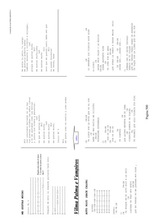 CreatedByeLmUNDOcABEZON©
Pagina500
MEGUSTASMUCHO
Intro:Mi5
E----------------------------
B----------------------------
G----------------------------
D—9---9--9---9—-9--------7-0-Repiteestotodaelintro
A—7---7--7---7—-7------------Yentodaslaspartesqhaya
E-------------------7h9------Mi5
Despuésdeestolasegundaguitarrahaceesto
E---------------------
B-3h5-----------------
G-------2h4—2h4—2h4---
D---------------------
A---------------------
E---------------------
Mi5
nosconocimosbailandoenunbar
tuspiernasvolabanlassabiallevar
amimegustabancomolasmovias
yjuntosnosfuimosapernoctar.
La5
esquemegustasmucho
Mi5
megustasmucho
La5
megustasmucho
Mi5
megustasmucho.
Intro:MI5
Mi5
megustacomotevestisycomoandas
megustatupelo,tucuerpo
megustariapodertebañar
tambiensecarteycolcerteaenjuagar.
La5
porquemegustasmucho
Mi5
megustasmucho,nena
La5
megustasmucho
Si5
seraquemegustastantodebeserque
Mi5
nopuedodisimular
deveras,eaaa
VViillmmaaPPaallmmaaeeVVaammppiirrooss
AUTOROJO(HACECALOR)
ACODES
C#--F#--G#--Fm--D#
e-4--2---4---2---6
B-6--2---4---2---8
G-6--3---5---2---8
D-6--4---6---4---8
A-4--4---6---4---6
E-4--2---4---2---6
INTRO:
C#F#G#
1)
C#F#-G#
TEBUSQUEENMIAUTOROJOALASEIS
C#
LLEVABAUNFRACMUYNUEVO
F#-G#
QUEENVERDADNOMEQUEDABAMUYBIEN,
C#F#-G#
TELLEVEPORLARUTAQUEVAALSUR
C#
NENENOMASRAPIDOMEDIJISTES
F#-G#
MIRANDOMEEXTRAÑADA
2)
C#F#-G#
UOHOHOHOH
C#F#-G#
UOHOHOHOH
3)
Fm
TECONFESE
F#
QUEQUIEROMETERTEENMICAMA
G#C#
VIENDOTESONREIRDEPLACER
FmF#
TEPROMETIQUESOLOTOCARIATUSPIES
D#G#
SIEMPAÑOSLOSVIDRIOSESTABIEN
4)(CORO)
C#
AHORAHACECALORYLAMUSICA
F#-G#
SUENABASTANTEBIEN
C#
TEJUREPORMIAMOR
F#-G#
QUEATRASLAVAMOSAPASARMEJOR(BIS)
C#F#-G#C#F#-G#
SHURASHU....SHURUSHU...
1)
SOÑABAVERTUPECHOTATUADO
DEBAJODETUCOLLAR
QUEENVERDADTENGOGANASDEARRANCAR
TETOQUEPORLALINEAQUEVAALSUR
indice
 
