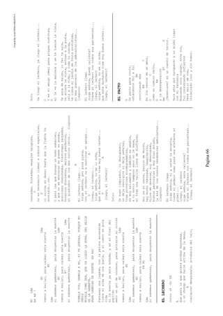 CreatedByeLmUNDOcABEZON©
Pagina66
MILAm
AHAH!
MILAm
vamosabailar,paracalmarestasuerte
MI
LAm
sisabemosgambetear,paraahuyentarlamuerte
MILAm
vamosabailar,paracalmarestasuerte
B7MILAm
sisabemosgambetear,paraahuyentarlamuerte
TOMALAVOS,DAMELAAMI,SITEQUEDAS,PORQUENO
VENIS
MOVELACOMOSEA,QUEYALLEGOLAHORA,DELBAILE
DELAGAMBETA,
PARACAMBIARDESUERTEEHEH!
Fantaseounajugada,conlapelotaencendida
llevaelalmadeunaqueja,yelcueroespura
vida
silasuerteyaestaechada,yeselfinaldel
partido
metoungoldecorazon,paragritarlealolvido
MILAm
vamosabailar,paracalmarestasuerte
MI
LAm
sisabemosgambetear,paraahuyentarlamuerte
MILAm
vamosabailar,paracalmarestasuerte
FAMI
LAm
sisabemosgambetear,paraahuyentarlamuerte
ELLECHERO
Intro(A–D)X4
A
Queparalaquequieraprobarmayonesa,
ounchongoquebailearribadelamesa,
B
cualquierdesparpajo,acrobaciadeltajo,
cascadas,frotadas,masajesnalgales,
C
noesnecesariollamararubrosespeciales,
D
niunirseendeseohastaquelafiebrete
acorrale...no.
Oparalasquebuscanunbuensamarreo,
yquenoseenroscanenpuedonopuedo,
graciosaschanchadas,fiestongaszarpadas,
horariosdiscretos,delitosperfectos,
elgladiadordelosmassuciosretos...llegoooo
A
Ellecherollego...
(oigaseñora,porpocaplata,
conellecherovaasentirseunganga)...
DA
llego,ellechero...
(oigaseñora,nomeloeche,
queelmuchachotraemuybuenaleche)...
DA
llego,ellechero!
Intro
Unbuenlimpiador,tudestapador,
nodejavestigiosnidejaseñales,
traeproteínasbiodegradables,
esmuysaludableytambiénesamable,
atunoviotampocoasconolehace,
eltraeunavalijallenadedisfraces.
Asíeseloeste,barriodeMorón,
haymuchorebusque,imaginación,
hijosdeobreros,soydesocupado,
buenospectoralesymuybiendotado,
laeradelosnuevosvendedoresambulantes...
llegoooo
Ellecherollego
(oigaseñora,siaustedleencanta,
tieneelpedazocomoparaunaelefantael
pibe)...
llego,ellechero
oigaseñora,estacaliente?
Vieneellecherocontodossusparientes)..
llego,ellechero!
Solo
Yallegoellechero,yallegoellechero...
C
Yeselamigoidealparaplayasnudistas,
D
ellevelamatracaysetetuercelavista.
Tesacademales,lofeotesale,
teaclaralavista,entrasalapista,
reísalavida,ytodatucomida,
tellenaeljardíndefrutaprohibida,
elmasguerrerodelosambientalistas...
llegoooo
Ellecherollego
(oigaseñora,quedócaliente?
Vieneellecherocontodossusparientes)...
llego,ellechero
(oigaseñora,nomeloeche,
queestemuchachotraemuybuenaleche)...
llego,ellechero!
ELPACTO
G
Unpactoparavivir,
odiándonosSolaSol
Bm
revolviendomás
EmC
Enlosrestosdeunamor,
DC
comouncaminorecto,
DEm
aladesesperación
BmB7G
¿Desenlace?enuncuentodeterror.
Seisañosasíescapandoaunmismolugar
conmifantasía
Buscandootrocuerpo,otravoz,
fuiconsumiendoinfiernos
Parasalirdevos,
intoxicadolocoysinhumor.
 