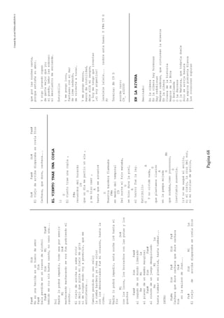 CreatedByeLmUNDOcABEZON©
Pagina68
Fam#Sim
Noesunaheridaesunhuecodeamor
Fam#Sim
balaperdidaenuntrancedealcohol
Fam#SimMiFam#
bebidomeriosinbuenarazón,nocazouna...
Sol
Nadielopodráimpedir,todoseaporsentir
MiDo#
machacandomachacandosenosfuepudriendoel
rancho...
Elviejodearribanosabevivir
nodejoquepintemicielodegris
nideningúnmodovoyapermitir,queme
entristezca...
Caminoperdidonousoreloj
larumbabarderayatomacolor
conlosdescarriadosfuemicorazón,hastala
cima..
Sol
Nadielopodráimpedir,estanocheiréhastael
fín
MiDo#
conloslocos,losborrachosconlasputasylos
guachos
Fam#SimFam#
alzaguándeunmundoliberado
ReMiLa
alplacerdeunmambomarginal
Fam#SimFam#
alrincóndeunjuegodesquiciado
ReMiLa
hastatumbarenplenitud,hastatumbar...
INTRO
Fa#mSimFa#SimFa#
Cachacaquedurecachacaquedurecachaca
SimDo#
enlamaisondeJoan...
Fa#SimMiLa
ElviejodearribadisparabasecreíaDios
Do#Fam#Do#Fam#
ElviejodearribadisparabasecreíaDios
Cachaca,quedure,cachaca...
ELVIENTOTRAEUNACOPLA
1)
D
Elvientotraeunacopla,
F#m
recuerdosdelhuracán
C9
queundíamepartiounala,
G
ymehizocaer,
A
hastaquemearrastré
D
Nuestrabanderaflameaba
F#m
enmediodeltemporal
C9
Delnorteelfríomataba,
G
sehizoduralapiel,
A
elterrorfuelaley.
Estribillo
GA
Ynoolvidénada,
G
queplantamosilusión
A
enlapampamojada
GBb
quesudaba,comoyoooooooo,
D
inevitableausencia.
1)Ynomesaquéelanillo,
nielcielo,lacruzdelsur,
nimititilardegrillo,
queporlasnochescanta,
porqueextrañasuamor.
Ysigolavandocopas
degentemejorqueyo;
sipuedo,bebolassobras:
elmezcladitomeenciende.
Estribillo
Ymepongoloco,
fantaseoconelmar
deirmenadando,
devolverteatocar.
Ymepongomanco,
manosdeinutilidad,
dejeallámisangre,
yhoymetengoqueinventar
¡sisoyargentino!
lerelelelelele...(sobreestabase:DF#mC9G
A)
Termina:BbC9D
acorderaro:
C9_x32030
ENLARIVERA
Recitado:
Enlaribera
Enlariberahayhormonas
Hayredoblonas
Negrascaderas,quecintureanlamiseria
Enlaribera
Cloacadelahistoria
NegrosdelaBoca
OAvellaeda
OLaFerrere
OlaMatanza,quetodavíaduele
Solosearrojabasura
Seaspirapimientablanca
Loscorazonessupuran
 